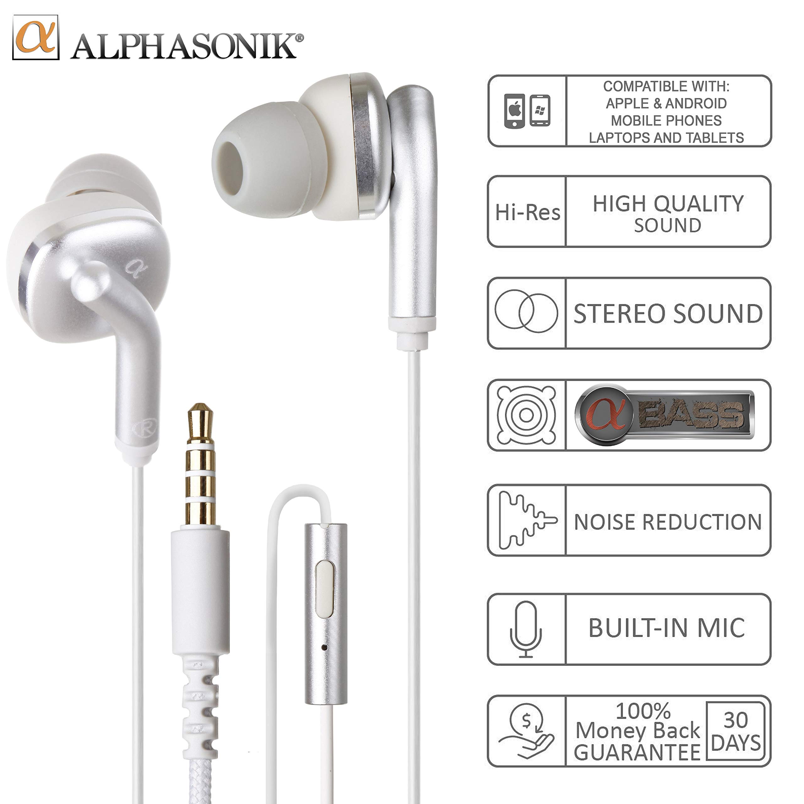 Alphasonik Premium Noise Isolating In-Ear Headphones with Bass Boost, Stereo Microphone & Remote Control - Compatible with iPhone, iPad, Samsung Galaxy & Android Phones - Perfect for Music, Gaming & Hands-Free Calls