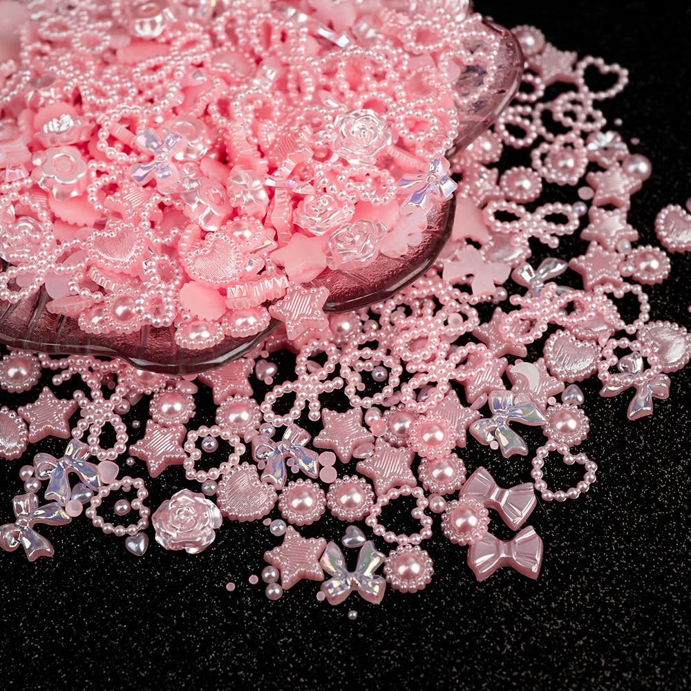 1200PCS 3D Nail Charms Set - Bow, Pearl, Heart, Star & Butterfly Designs for Nail Art, Acrylic Nails & DIY Crafts | Cute Kawaii Nail Decorations for Salon, Party & Gift Giving (Pink)