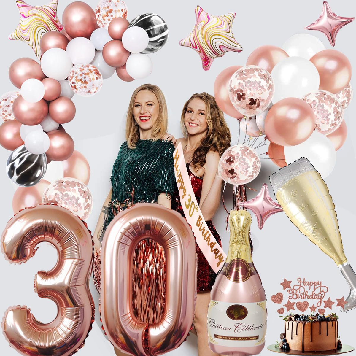 Rose Gold 30th Birthday Party Decorations for Women - Happy Birthday Banner, Cake Topper, Foil Balloons & Sash - 30 Birthday Party Supplies for Her - Perfect for Milestone Celebrations, Girls' Thirty Birthday Parties & Special Occasions
