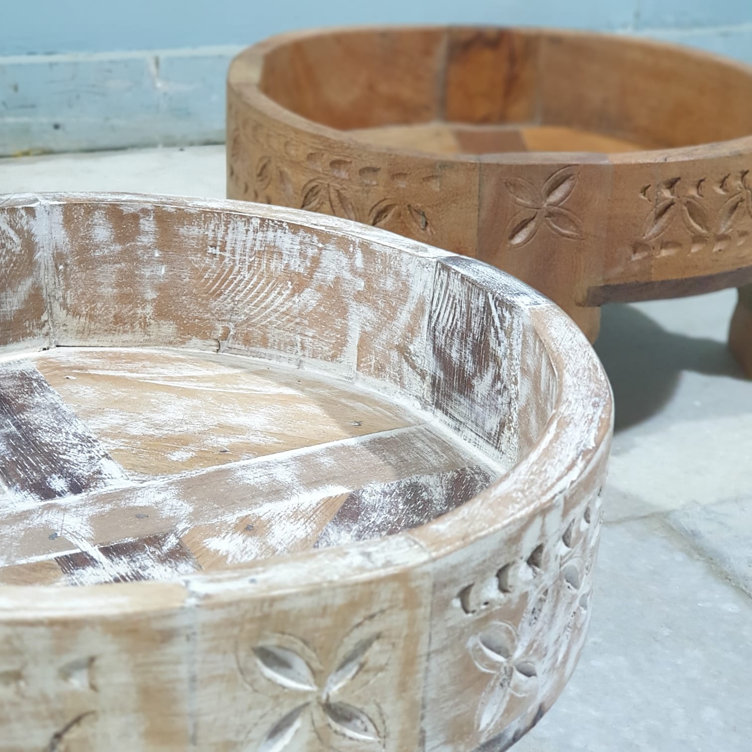 Hand Carved Solid Wood Chakki Grinder Coffee Table - 31x31x16cm Whitewashed Finish - Perfect for Living Room, Lounge & Boho Home Decor