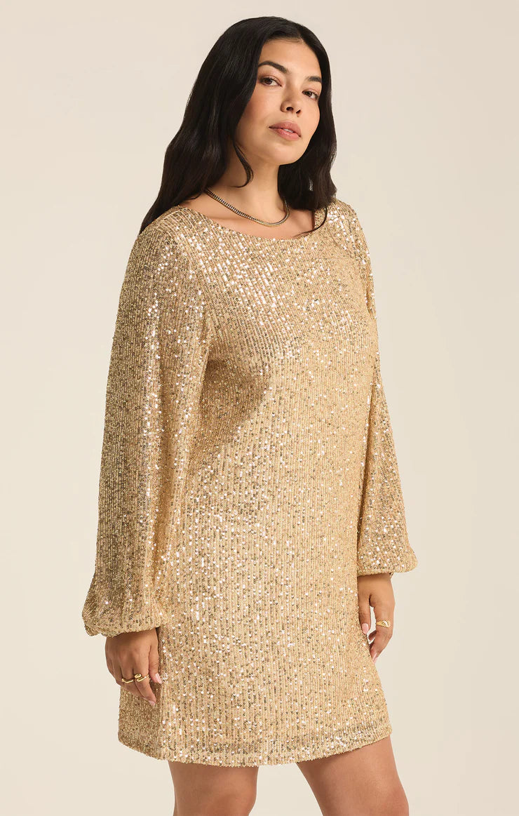 Z Supply Andromeda Champagne Sequin Mini Dress - Sparkly Party Dress for Women, Night Out, Wedding Guest, Holiday Celebration