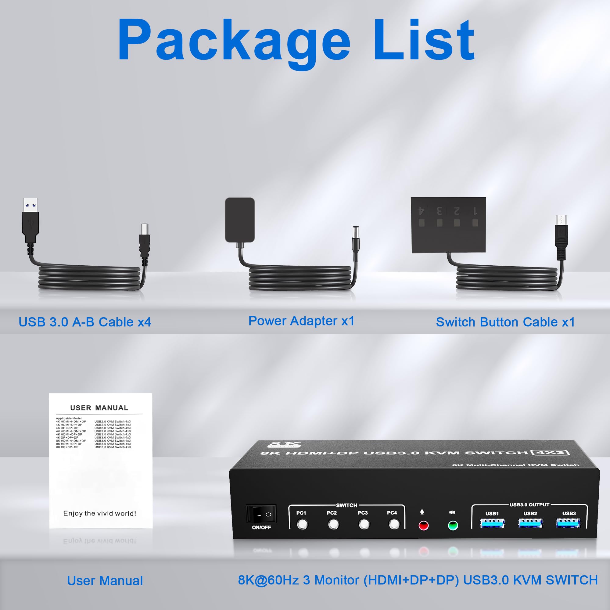 Premium 8K@60Hz Triple Monitor KVM Switch - 2 DisplayPort 1.4 + HDMI 2.1 Ports, USB 3.0 Hub, Audio/Mic Support for 4 Computers | Ideal for Gaming, Trading & Multi-Tasking Workstations