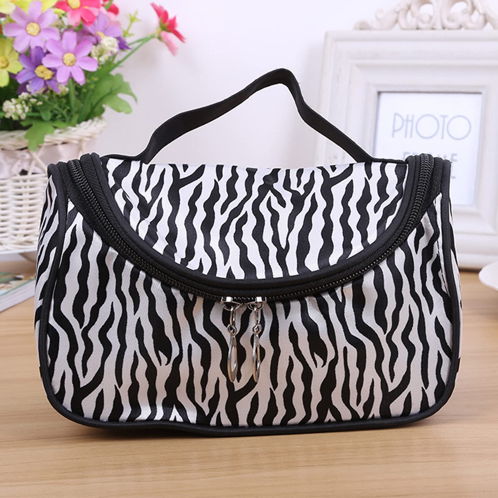 Waterproof Zebra Print Cosmetic Bag for Women - Nylon Makeup Organizer with Jewelry Pouch, Travel Toiletry Bag for Girls, Perfect Gift for Makeup Brushes & Digital Accessories | Ideal for Travel, Gym & Daily Use