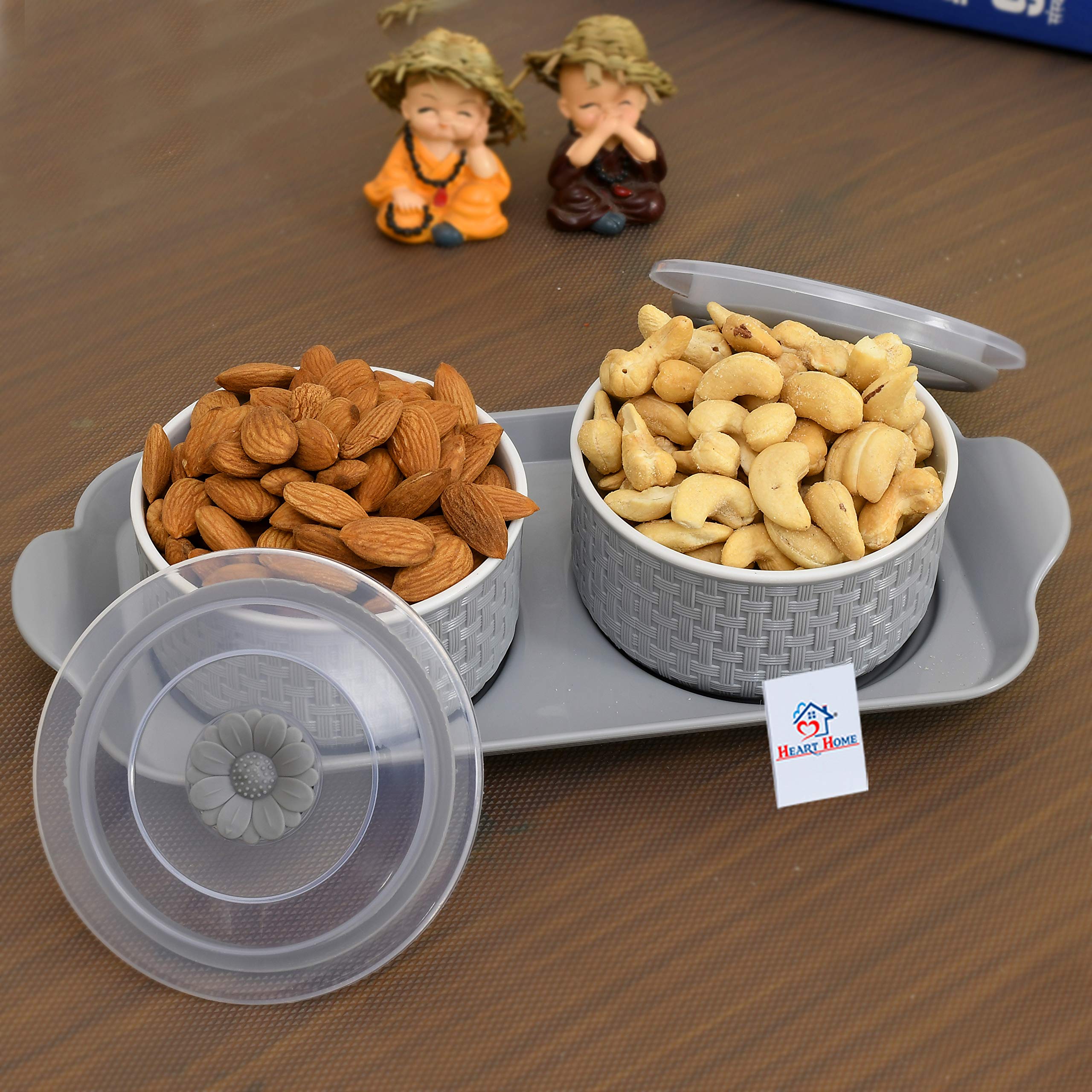 Premium Walnut Checkered Plastic Serving Tray Set with 2 Airtight Snack Bowls - 3-Piece Kitchen Organizer for Parties, Dining & Home Decor (Grey, HEART11087) - Perfect for Entertaining, Snack Storage & Coffee Table Display