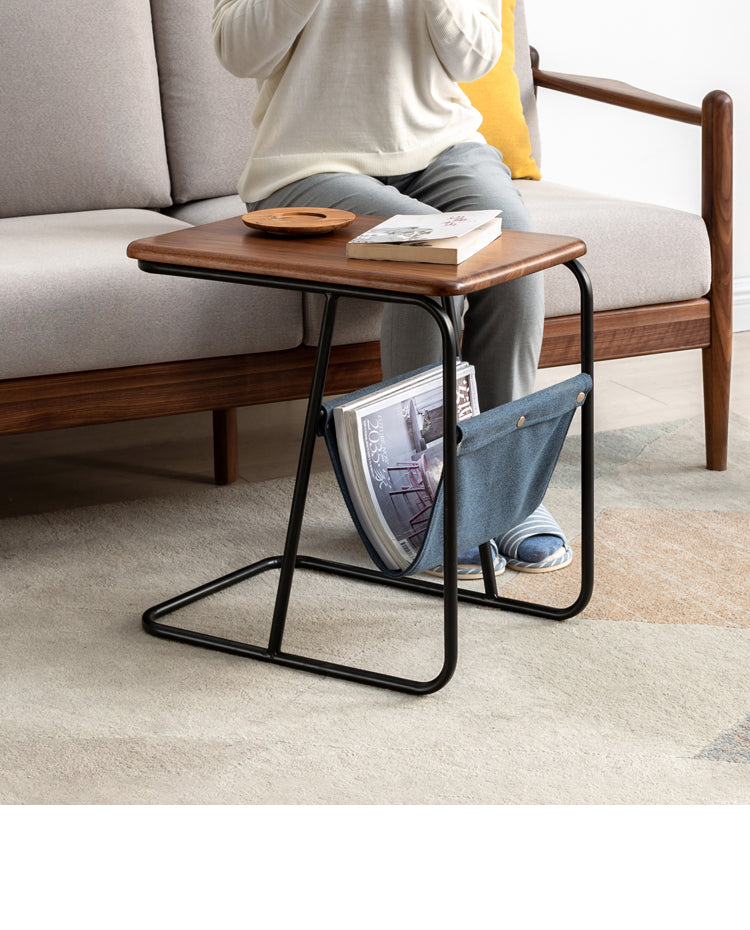Premium Black Walnut & Oak Solid Wood C-Shaped Iron Side Table - Rustic End Table for Living Room, Bedroom, or Office Decor