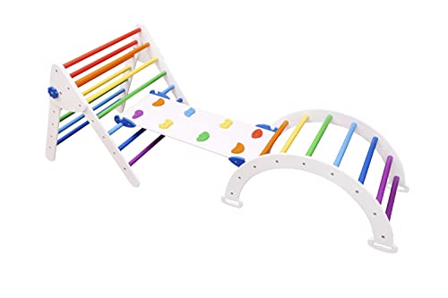 Montessori Baby Furniture Set - 3-Piece Toddler Gym, Climbing Furniture & Eco Toys for Newborns (White & Rainbow, Large Size) | Perfect for Playrooms, Daycares & Montessori Learning Spaces