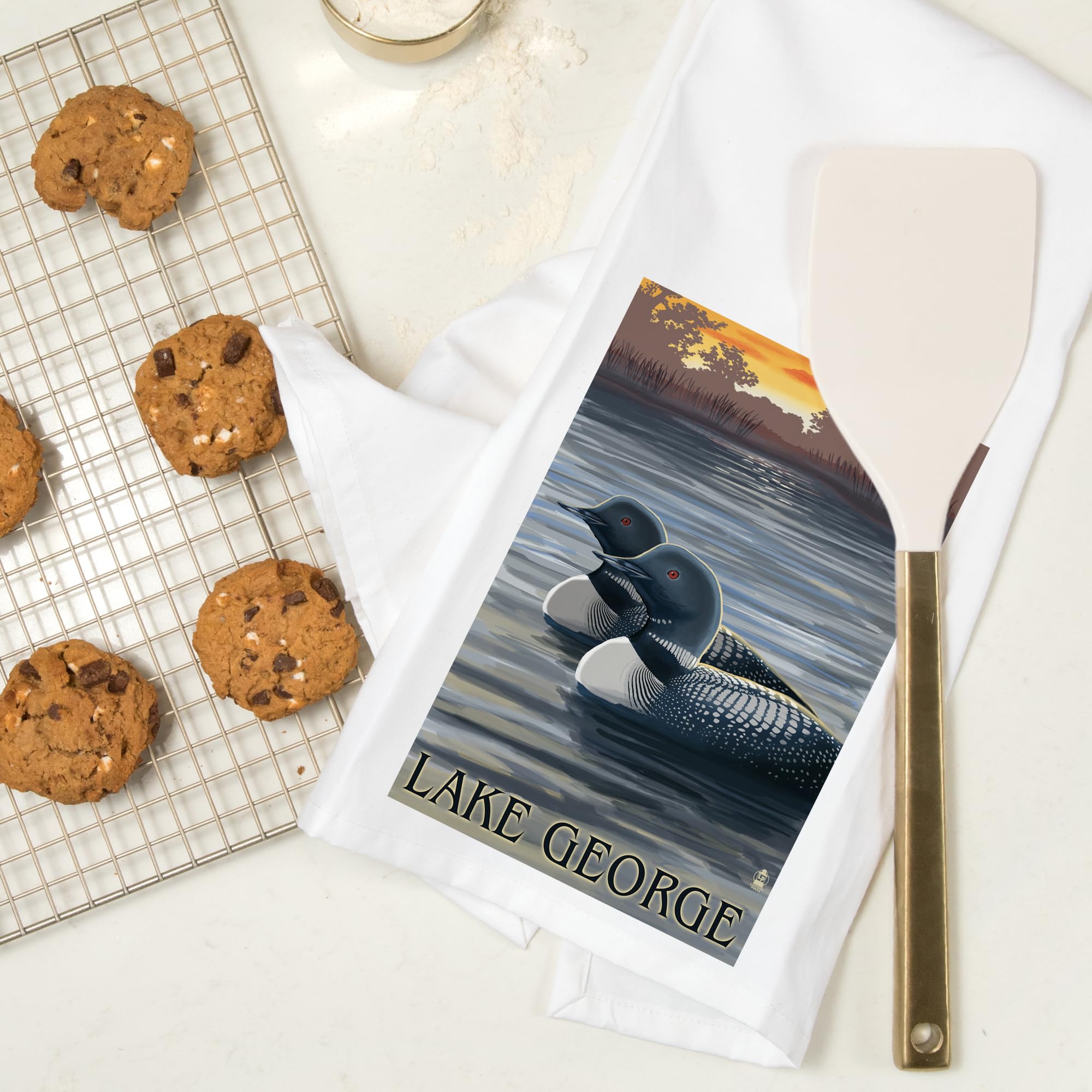 Lake George New York Loons at Sunset 100% Cotton Tea Towel - Decorative Hand Towel for Kitchen & Home - Perfect for Dish Drying, Gift Giving & Farmhouse Decor