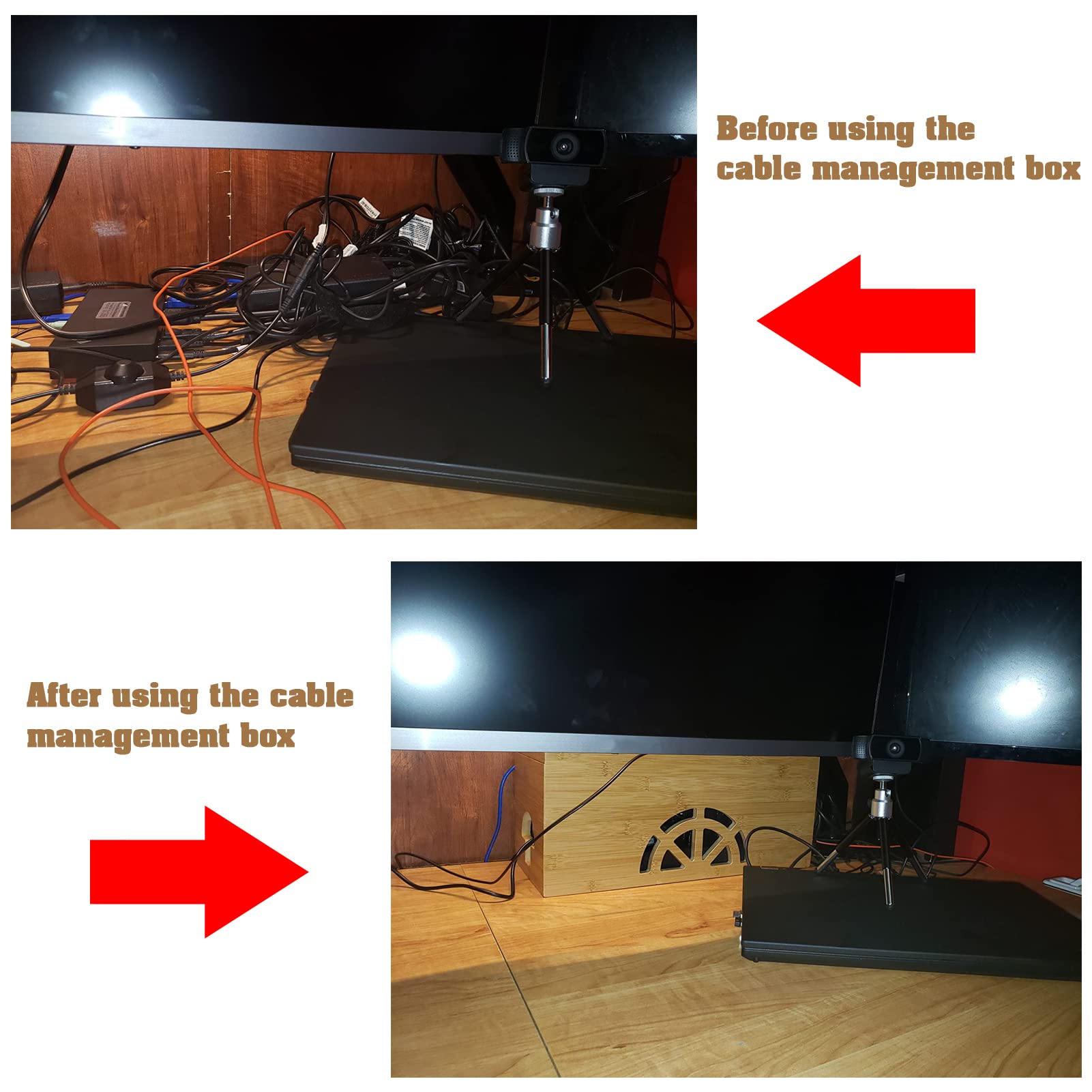 Bamboo Cable Management Box - Cord Organizer for Desk, TV, Home & Office - Hide Wires & Power Strips Neatly - Perfect for Computer, Entertainment Center & Workspace Organization