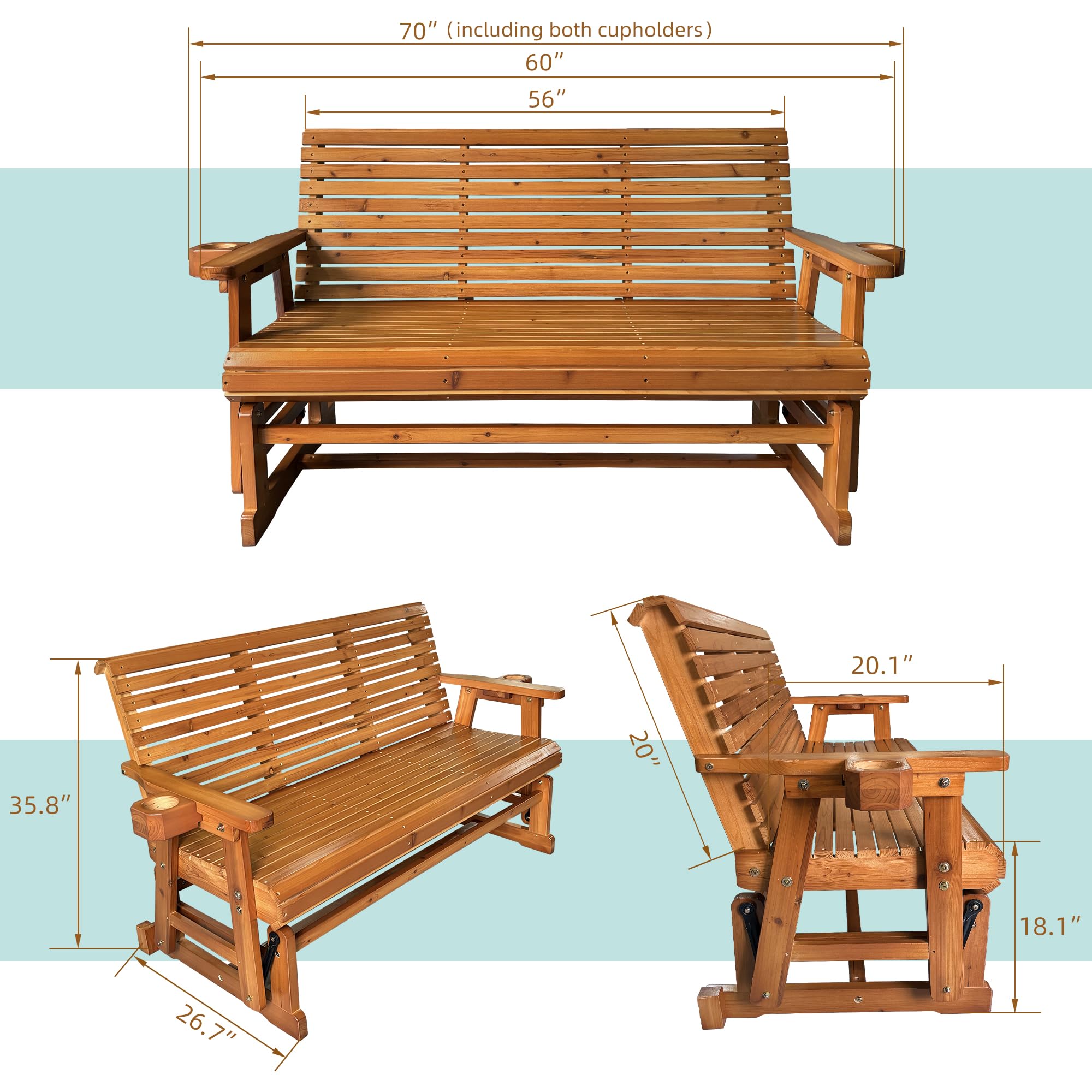 Fortune Candy 3-Seater Patio Glider with Cup Holders - High Roll Back & Deep Contoured Seat - Heavy Duty 800 lb Capacity - 5 Feet Teak Tone Outdoor Furniture - Perfect for Backyard, Garden, Deck or Poolside Relaxation