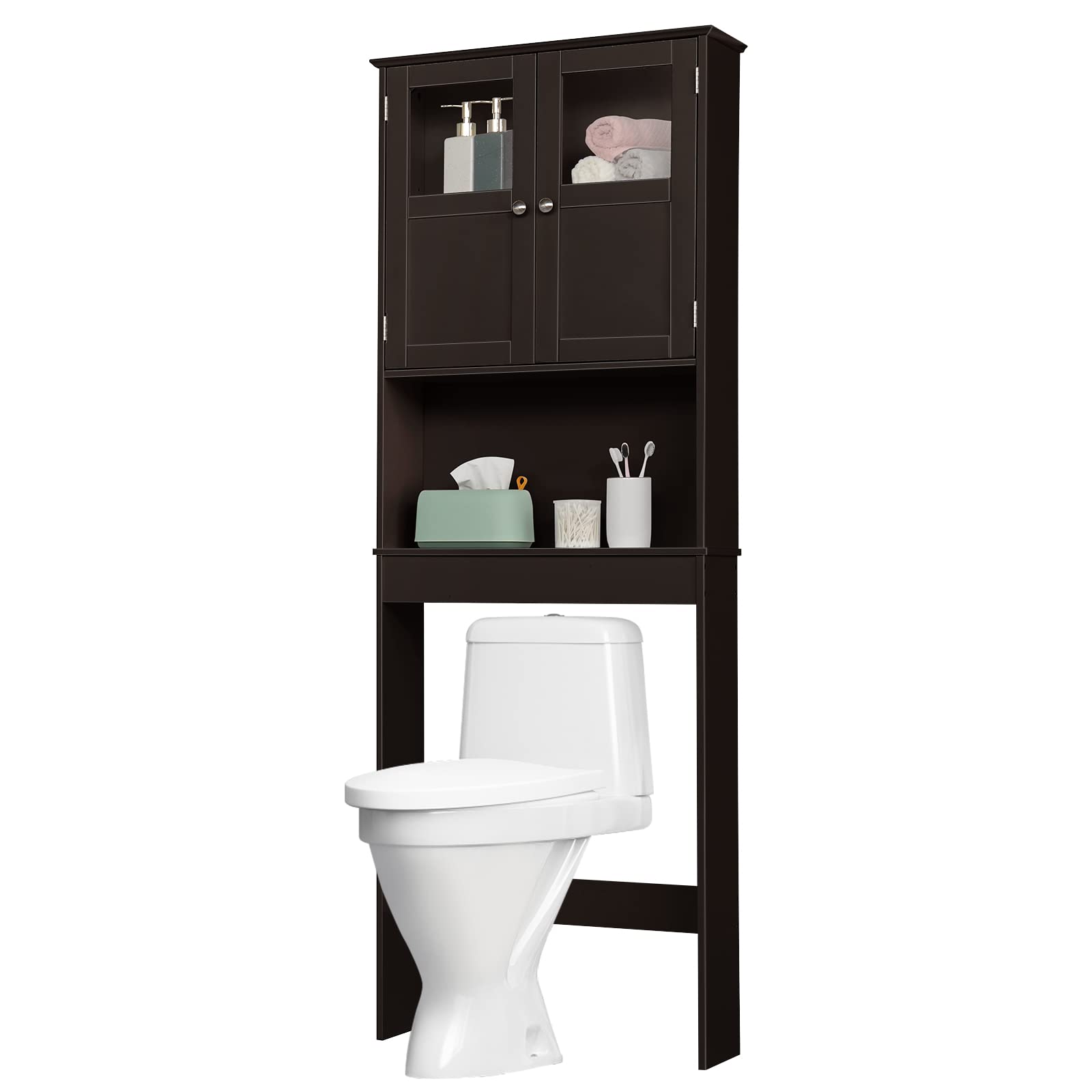 Bonnlo Over The Toilet Storage Cabinet - Freestanding Bathroom Organizer with Double Door Glass Window & Adjustable Shelves - Space Saving Towel Shelf for Toilet Paper, Cosmetics & Bath Essentials (Brown) - Perfect for Small Bathrooms, Apartments & Powder Rooms