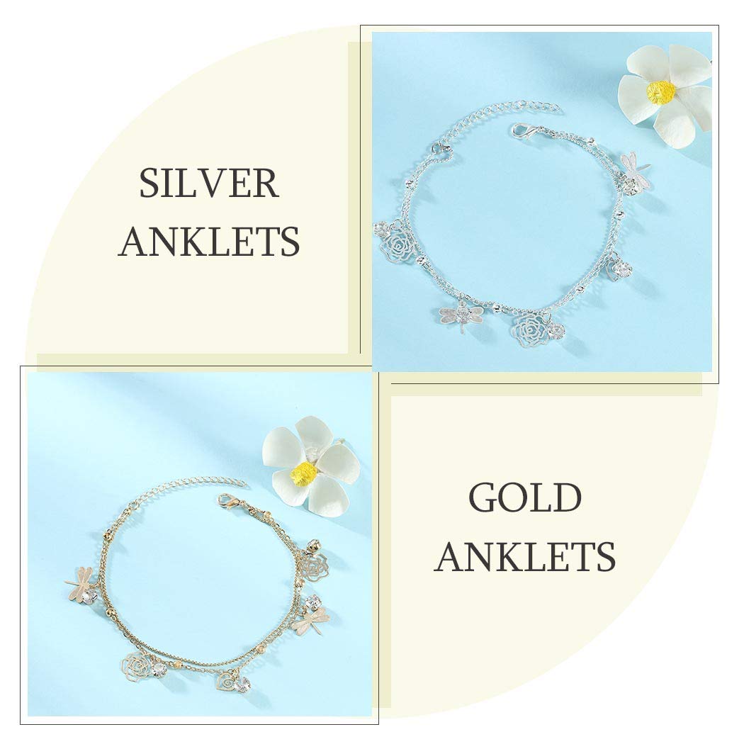 Dreamyn Boho Crystal Ankle Bracelet for Women - Silver Dragonfly Foot Chain with Flower Charm, Elegant Barefoot Jewelry for Beach, Festival, and Summer Outfits