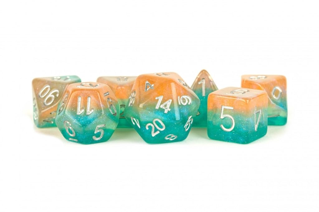 Premium Metallic Polyhedral Dice Set - Stardust Sunset with Silver Finish (7-Piece) for D&D, RPG, and Tabletop Gaming
