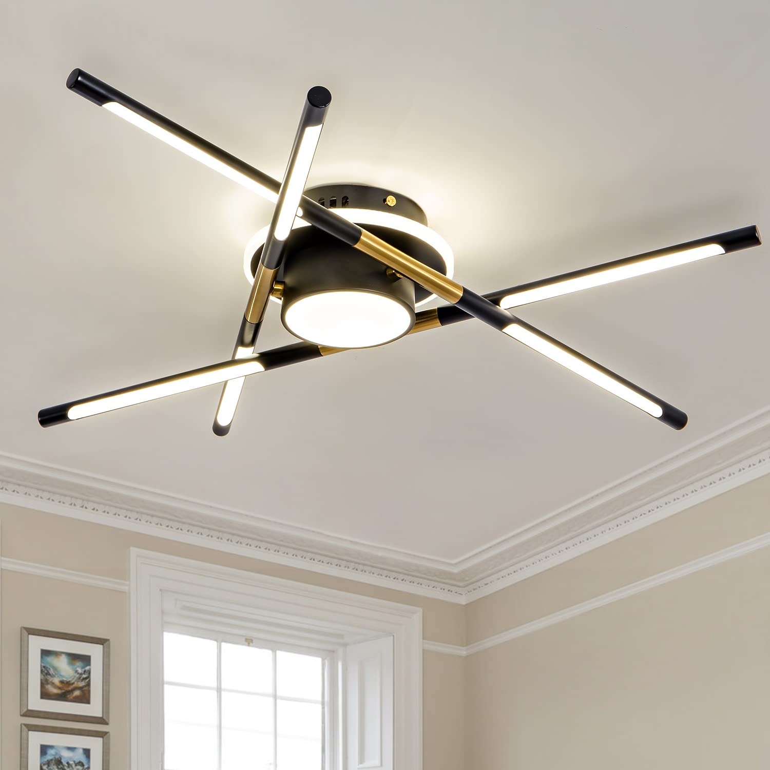 Modern Black & Gold Industrial Sputnik LED Ceiling Light Fixture - 23.6 Inch 4000K Warm White - Decorative Lighting for Dining Room, Living Room, Bedroom - Perfect for Home, Office & Restaurant Ambiance