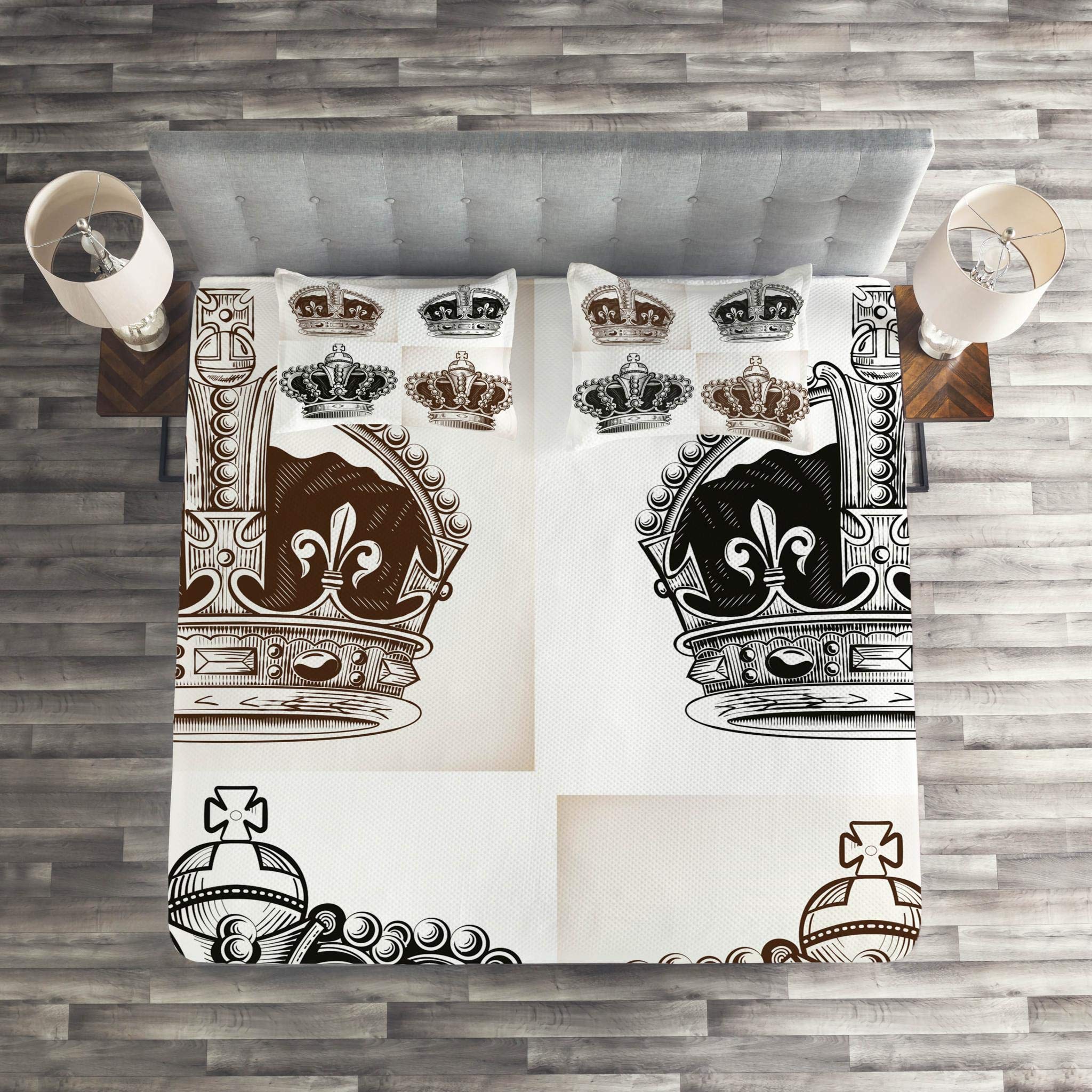 Lunarable Antique Crown Design Quilted Bedspread Set - King Size 3-Piece Bedding with Abstract Royal Crowns Pattern in Brown & Black | Perfect for Master Bedroom, Guest Room & Luxury Home Decor