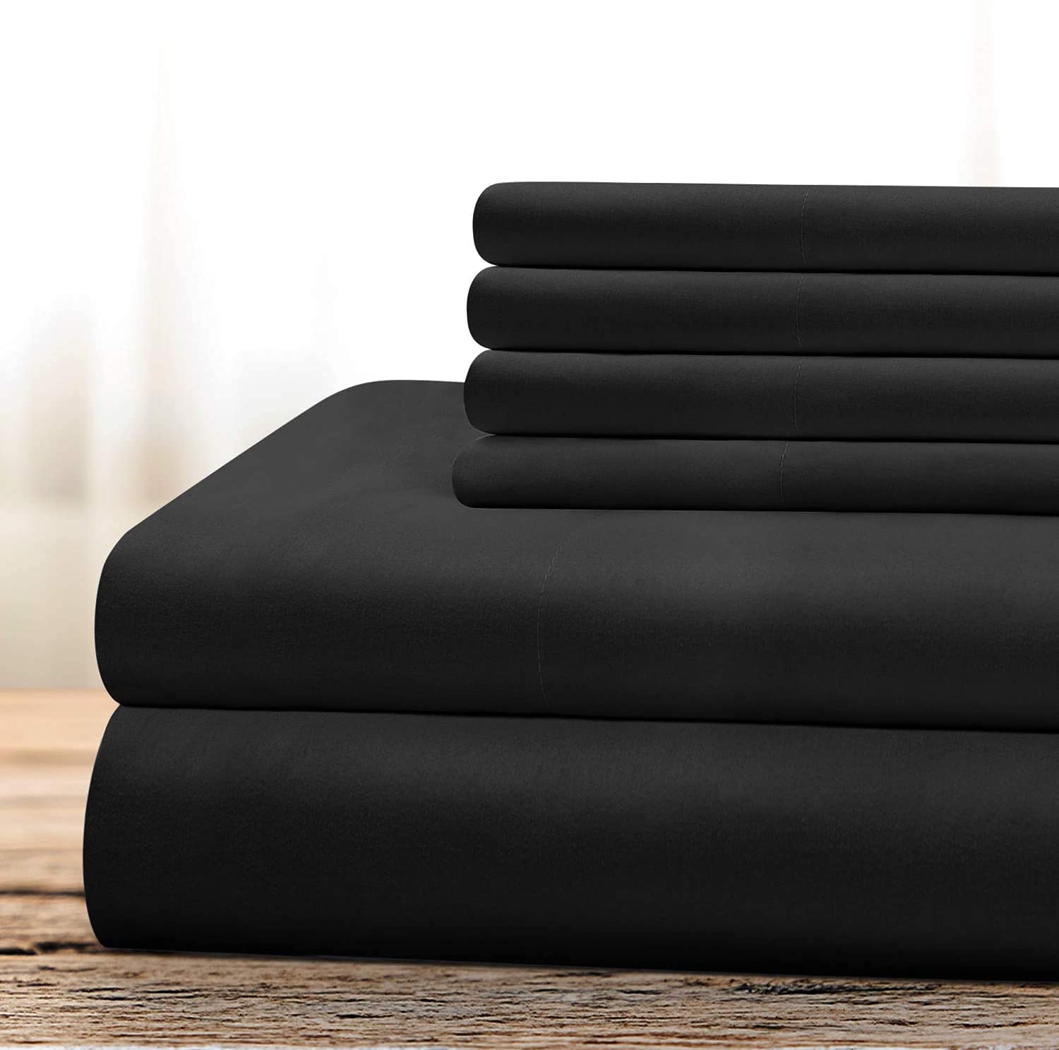 1000 Thread Count 100% Long-Staple Egyptian Cotton Sheets - Ultra Soft, Breathable & Silky 6-Piece Twin Size Bed Sheet Set in Black, Fits 18