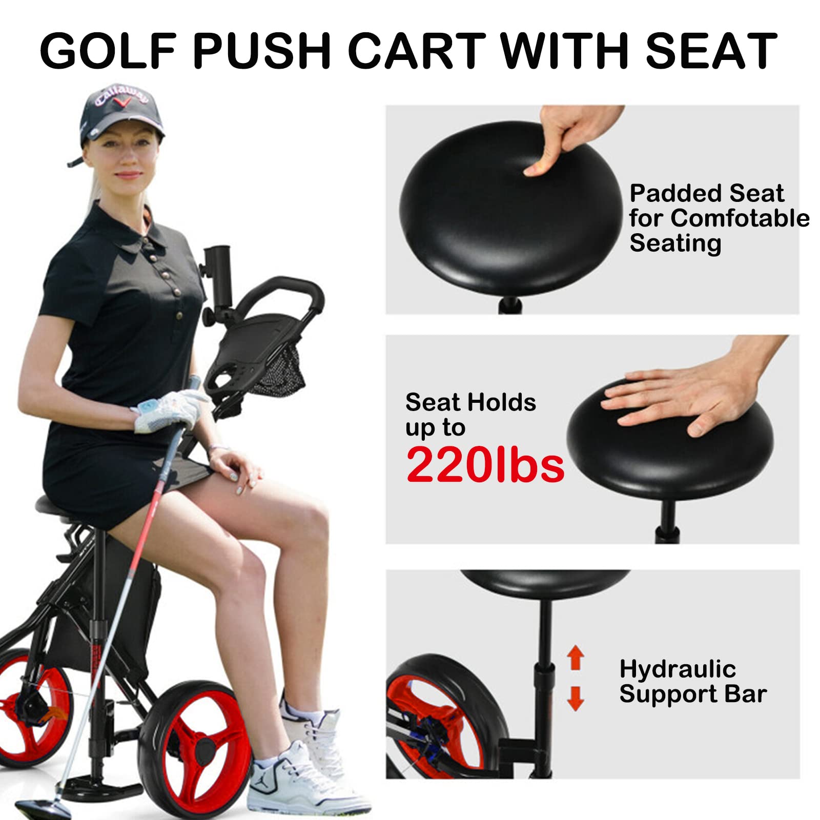 Best 3 Wheel Folding Golf Push Cart - Lightweight Collapsible Golf Trolley with Seat, Foot Brake & Umbrella Holder - Adjustable 4-Position Handle for Golf Clubs - Perfect for Golf Course, Driving Range & Outdoor Practice