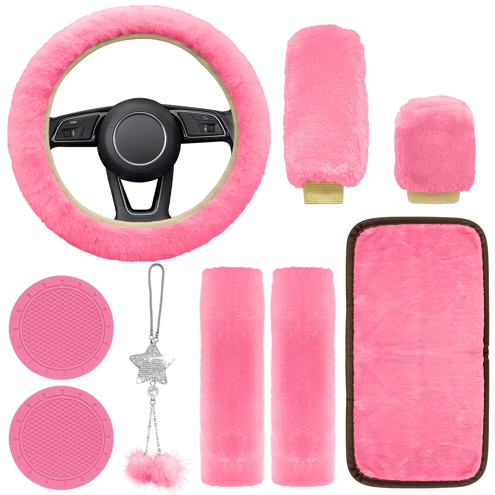 Fluffy Pink Car Accessories Set - Steering Wheel Cover for Women, Non-Slip & Warm - Perfect for Winter Driving