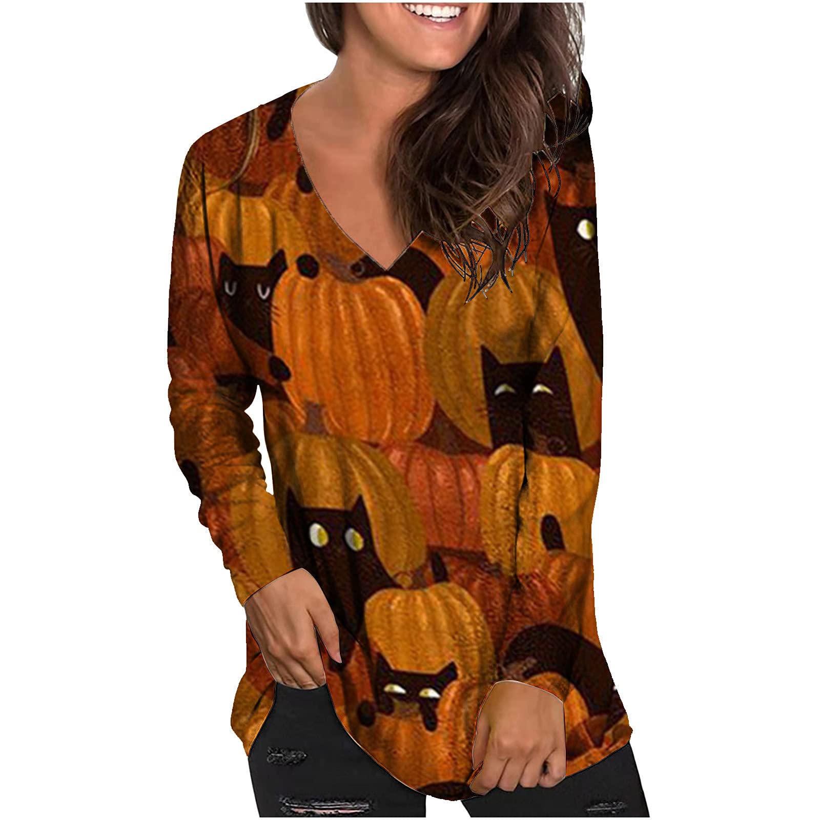 Sunlucky Women's Long Sleeve Tunic Tops - Casual Loose V-Neck Tee Shirts for Halloween, Fall & Everyday Wear | Comfortable Blouse for Work, Party & Lounge