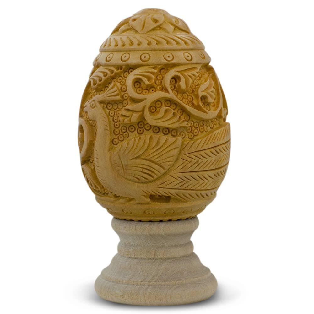 Hand Carved Peacock Wooden Easter Egg - 3 Inch Ukrainian Pysanky Art for Easter Decorations & Holiday Gifts