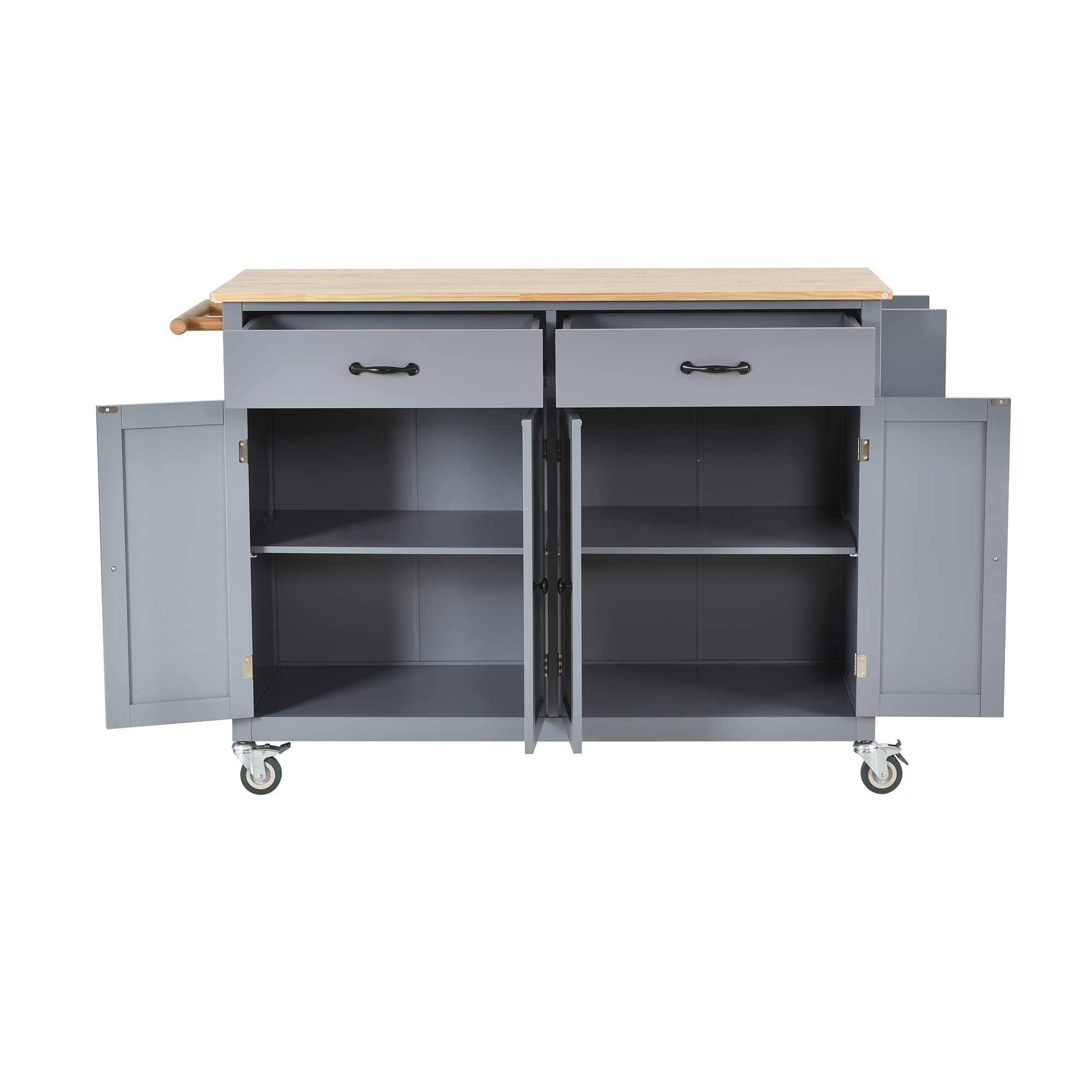 P PURLOVE Wood Kitchen Island Cart with Locking Wheels - Rolling Utility Cart with 2 Drawers, 4 Door Cabinet, Storage Shelf, Spice Rack & Towel Rack - Perfect for Small Kitchens, Pantry Organization & Mobile Cooking Station