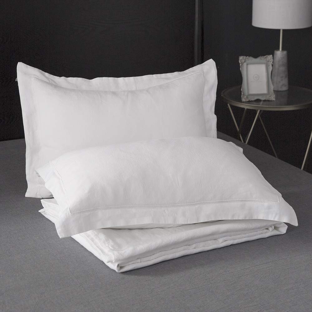 Luxury 100% Linen Duvet Cover Set with Embroidered Border - 3 Piece King Size (Duvet Cover + 2 Pillow Shams) | Soft, Breathable Farmhouse Bedding with Button Closure | Perfect for Master Bedroom, Guest Room & Cozy Home Decor - White