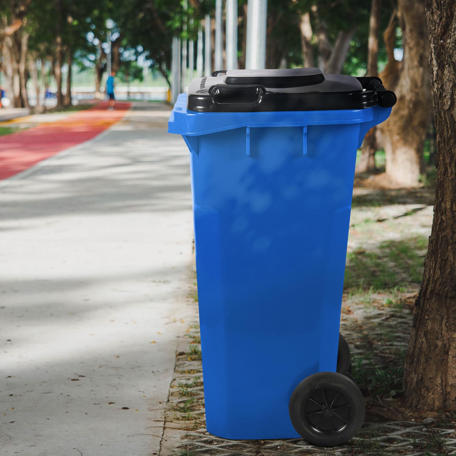 32 Gallon Heavy-Duty Rollout Trash Can with Lid - Commercial Grade Wheeled Outdoor Garbage Bin in Blue - Perfect for Restaurants, Parks, and Commercial Waste Disposal