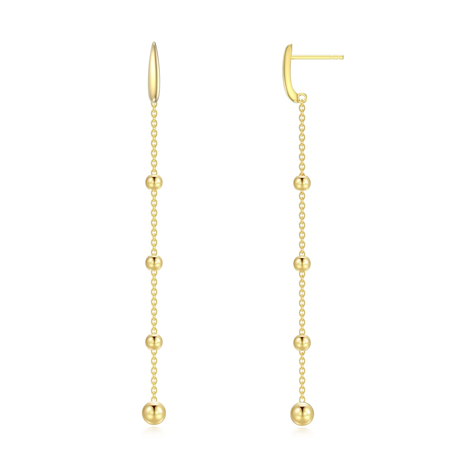 14K Real Gold Dangle Earrings for Women - Elegant Threader Earrings with Bead & Long Chain | Perfect for Parties, Weddings & Everyday Wear