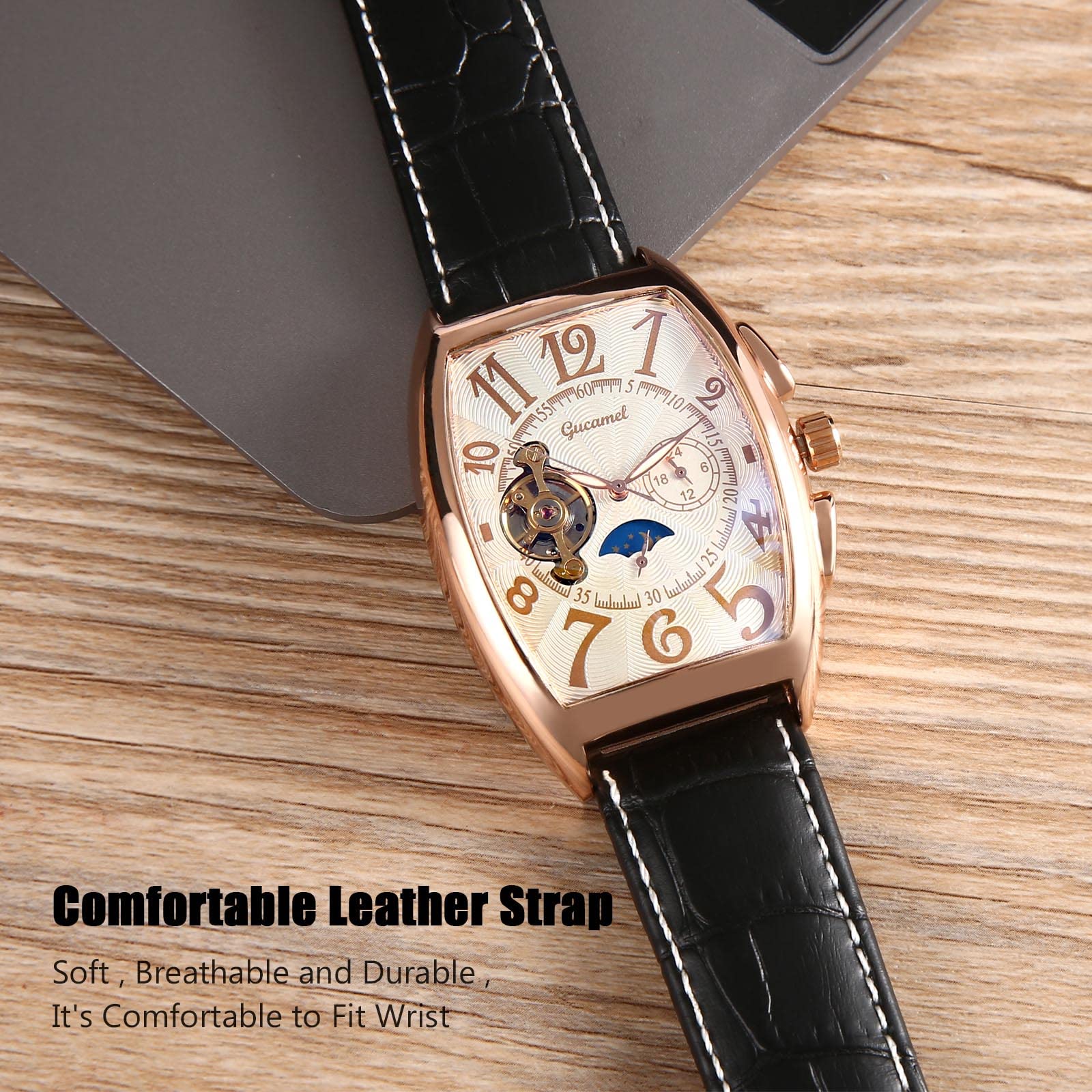 Premium RORIOS Men's Automatic Mechanical Watch with Genuine Leather Strap - Rose Gold & White Skeleton Dial Tourbillon Watch for Business & Formal Occasions