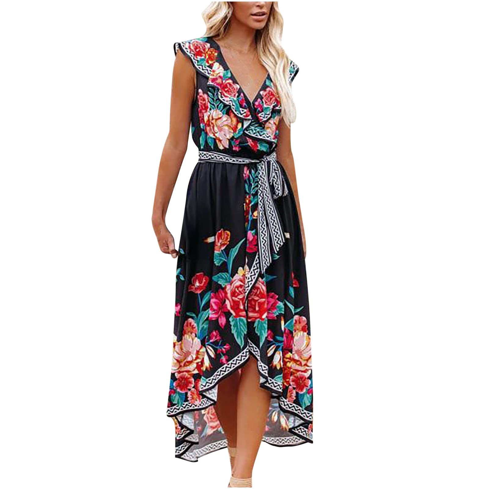 Bohemian Floral Print Summer Dress for Women - Short Sleeve V-Neck Ruffle Loose Fit Dress with Split Irregular Hem | Perfect for Beach Vacations, Music Festivals & Casual Outings