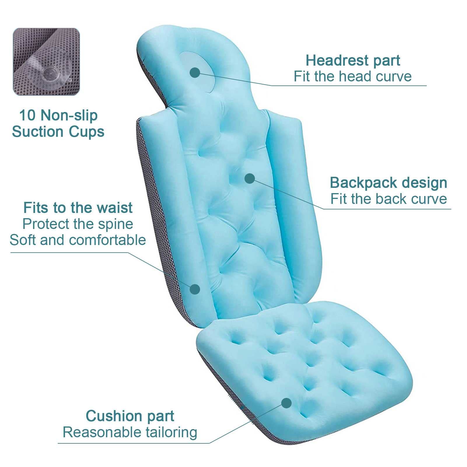 Premium Full Body Bathtub Pillow with Strong Non-Slip Suction Cups - Spa Cushion for Neck & Back Support - Fits Most Hot Tubs - Soft, Quick-Drying 44