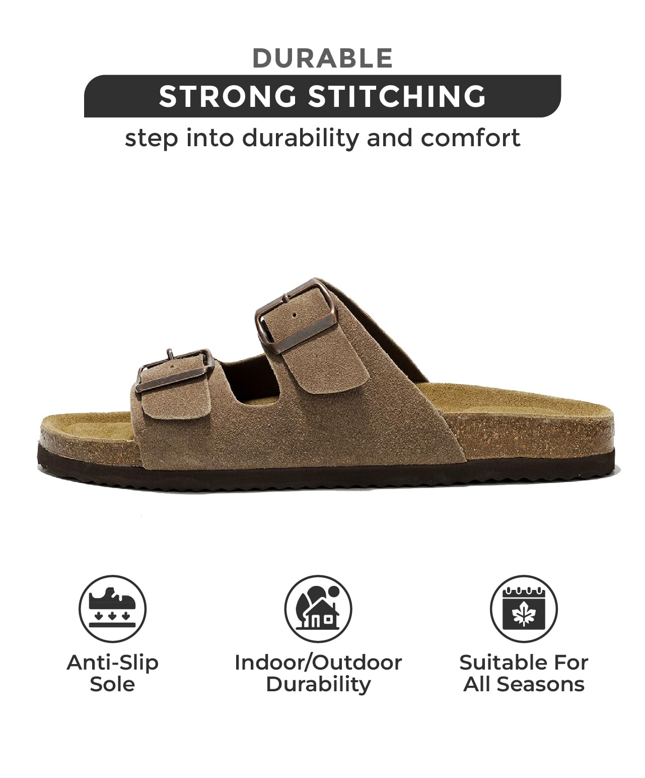 Premium Genuine Leather Men's Sandals with Memory Foam & Cork Footbed - Comfortable Non-Slip Flip Flops with Adjustable Straps - Ideal for Beach, Pool, Travel & Casual Wear (Arizona Style)