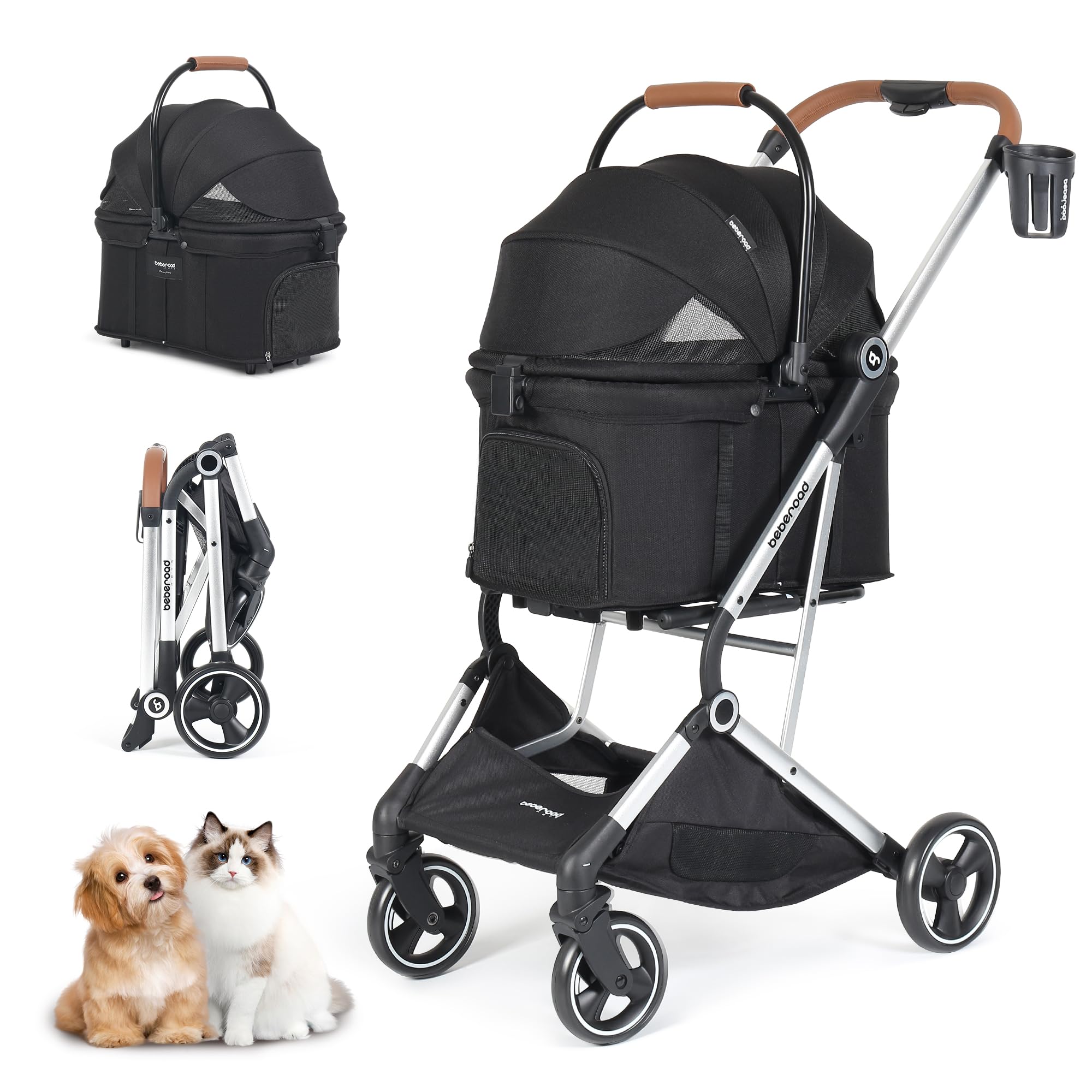 T3 Pro 3-in-1 Small Pet Stroller for Dogs & Cats - 4-Wheel Lightweight Travel Carrier with Removable Pad, Canopy & Cup Holder - Perfect for Walking, Shopping & Vet Visits (Black)