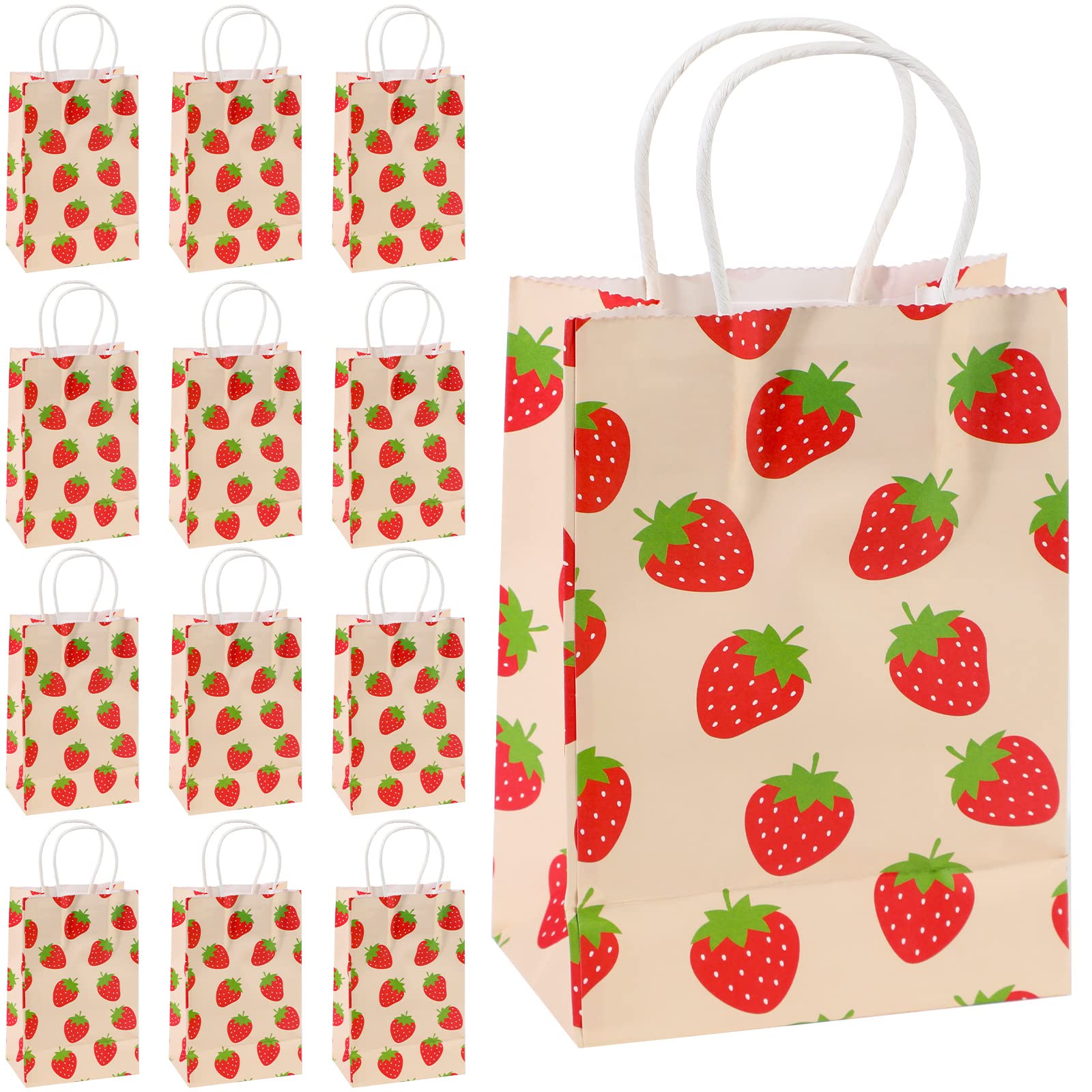 20 Pcs Strawberry Party Favor Bags with Handles - Cute Printed Strawberry Treat Bags for Candy, Gifts & Party Supplies - Perfect for Strawberry Themed Birthday, Baby Shower & Dessert Table Decorations