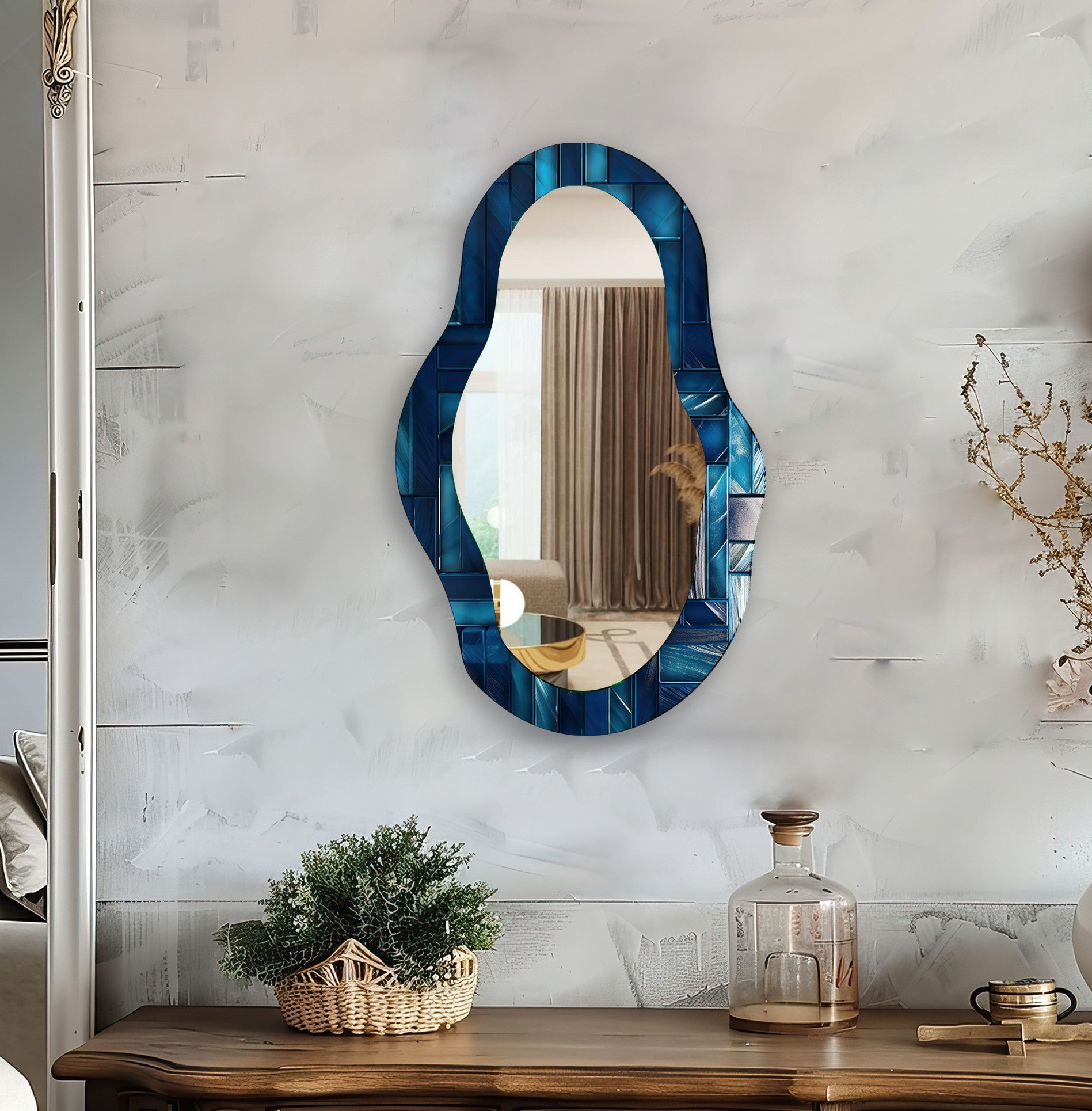 Blue Stained Abstract Asymmetric Wall Mirror - Modern Decorative Mirror for Living Room, Bedroom & Entryway - Unique Handcrafted Home Decor