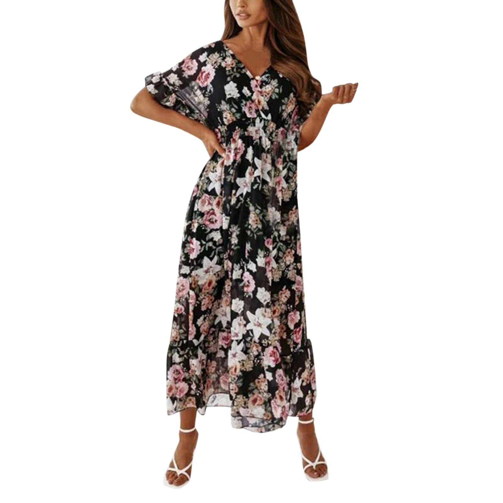 Floral Print V-Neck Casual Summer Dress for Women - Short Sleeve Long Dress in Various Sizes - Perfect for Beach Vacations, Garden Parties & Summer Outings