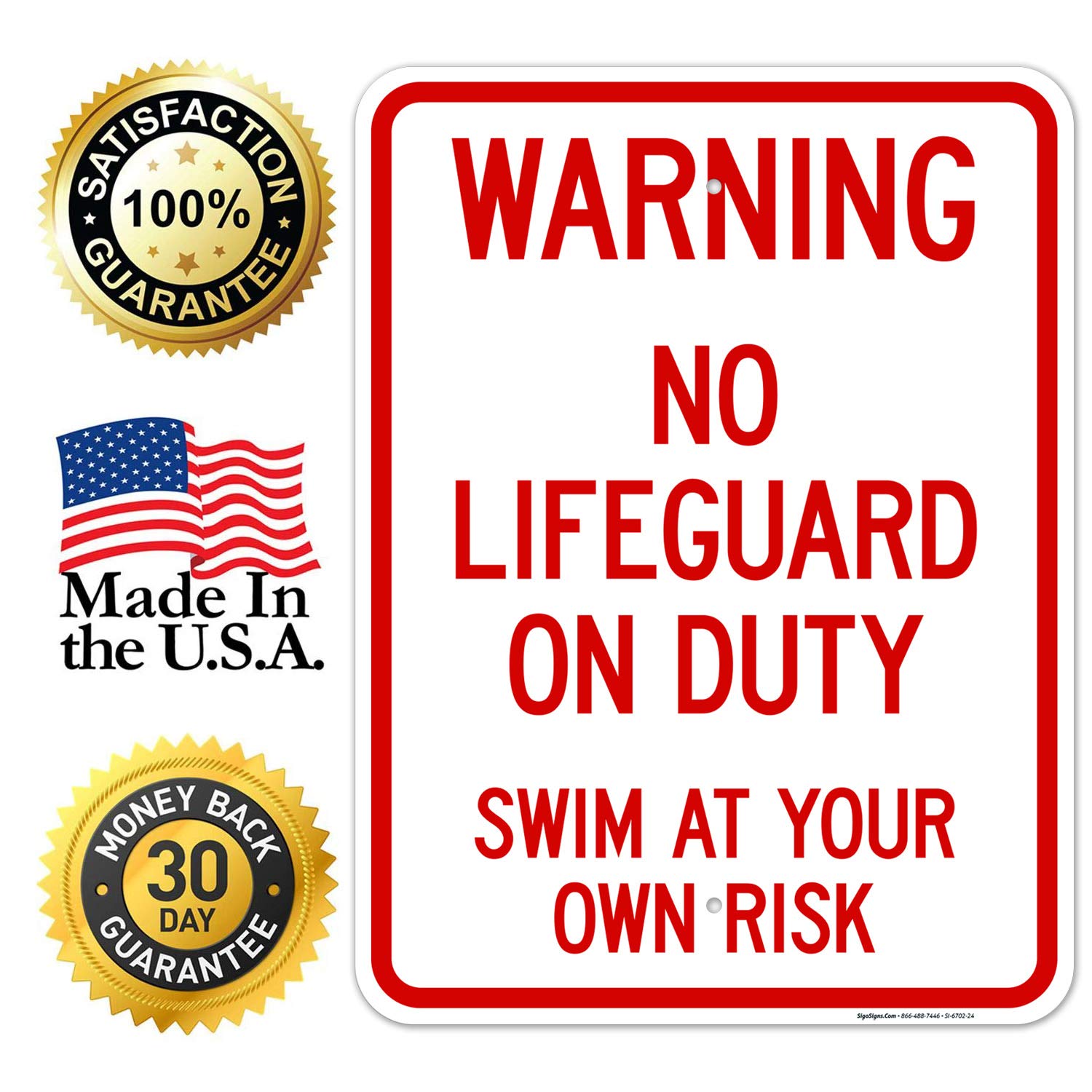 No Lifeguard On Duty Sign - 18x24 Inches Rust-Free Aluminum Pool Safety Sign for Indoor/Outdoor Use (SI-6702) | Durable, Fade-Resistant Made in USA | Perfect for Swimming Pools, Water Parks & Beach Clubs