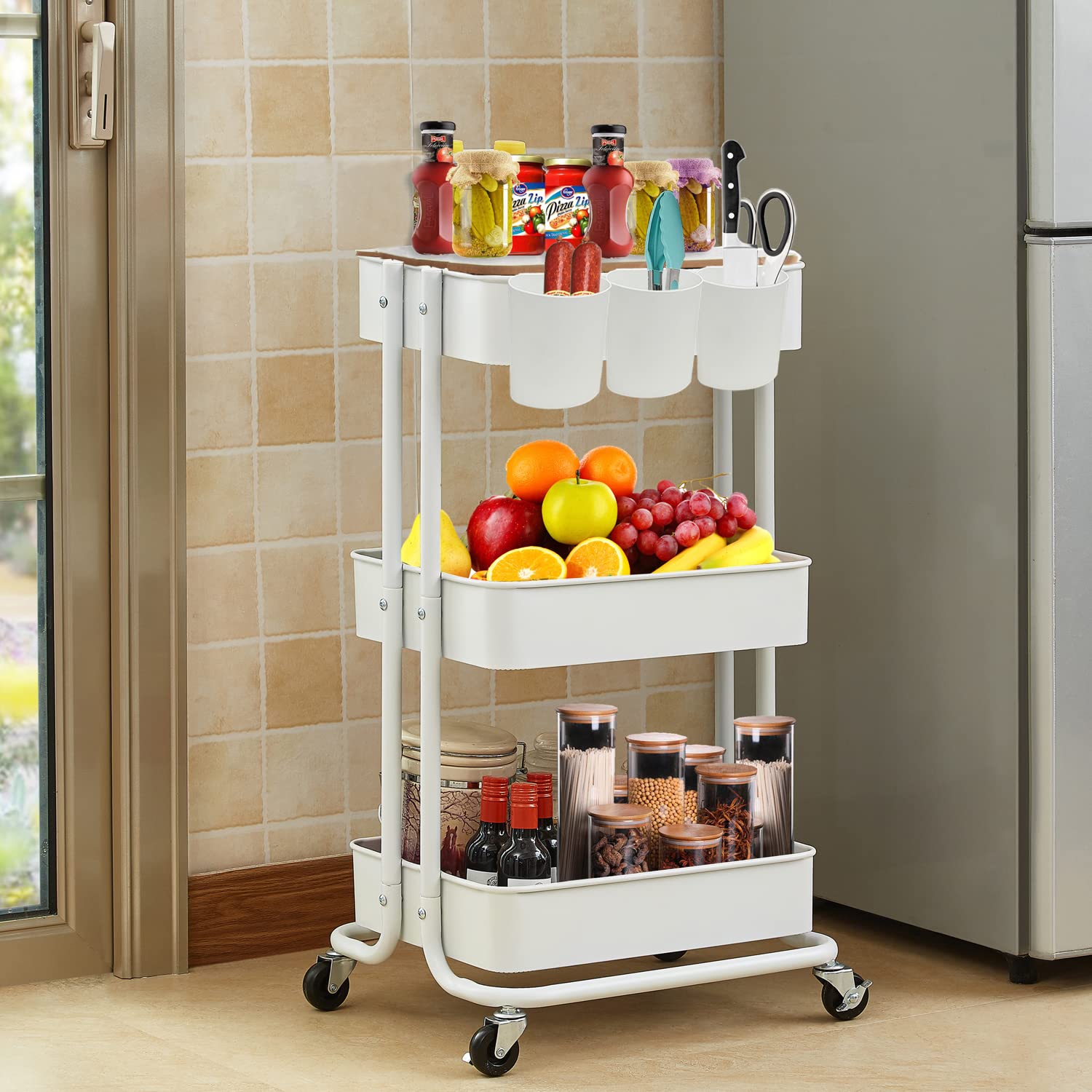Melody House 3-Tier Metal Rolling Cart with Cover Board - Mobile Storage Organizer for Office, Home & Kitchen - Cream White Utility Cart for Books, Plants & Bathroom Essentials