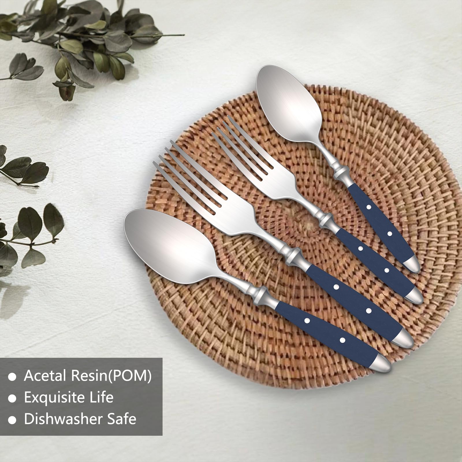 18/10 Stainless Steel 20-Piece Silverware Flatware Set with Brushed Finish & Navy Blue POM Handles - Dishwasher Safe, Service for 4 - Elegant Cutlery Set for Home, Restaurant & Everyday Dining