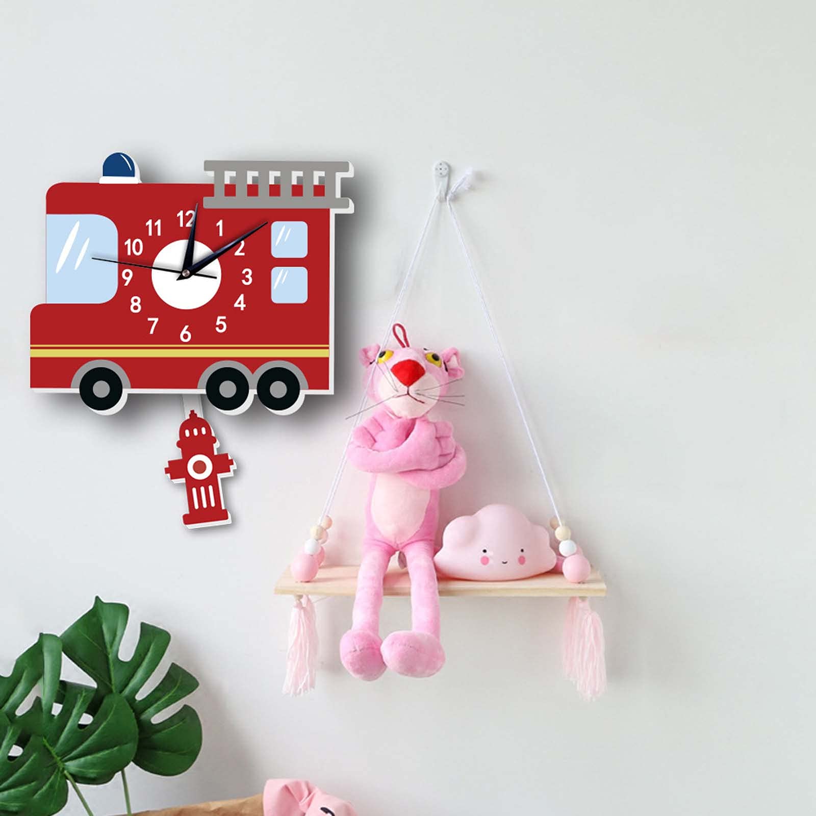 Nordic Style Pendulum Wall Clock - Cartoon Mute Silent Non-Ticking Wall Clock with Fire Truck Design for Kids Room, Nursery, Playroom & Home Decor
