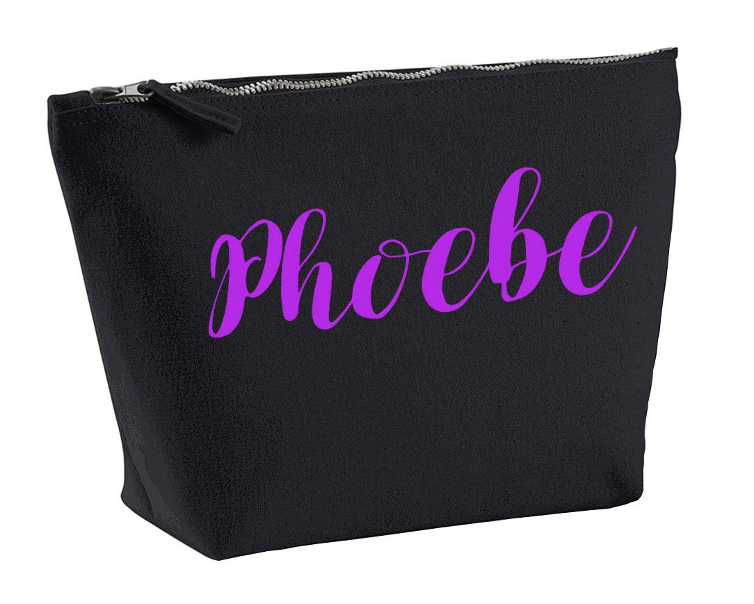 Phoebe Personalized Makeup Bag - Black with Purple Print | Perfect for Birthdays, Weddings & Christmas Gifts | Travel & Cosmetic Organizer