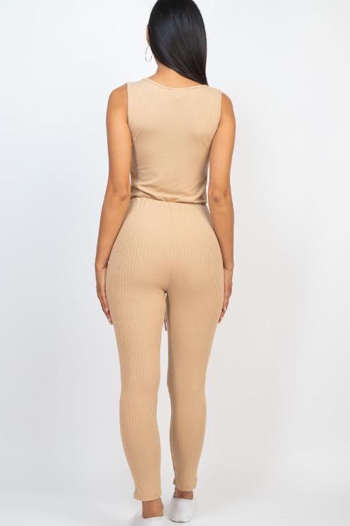 Stylish Ribbed Sleeveless Drawstring Jumpsuit for Women - Comfortable Summer Romper with Adjustable Waist - Perfect for Beach Vacations, Casual Outings & Date Nights