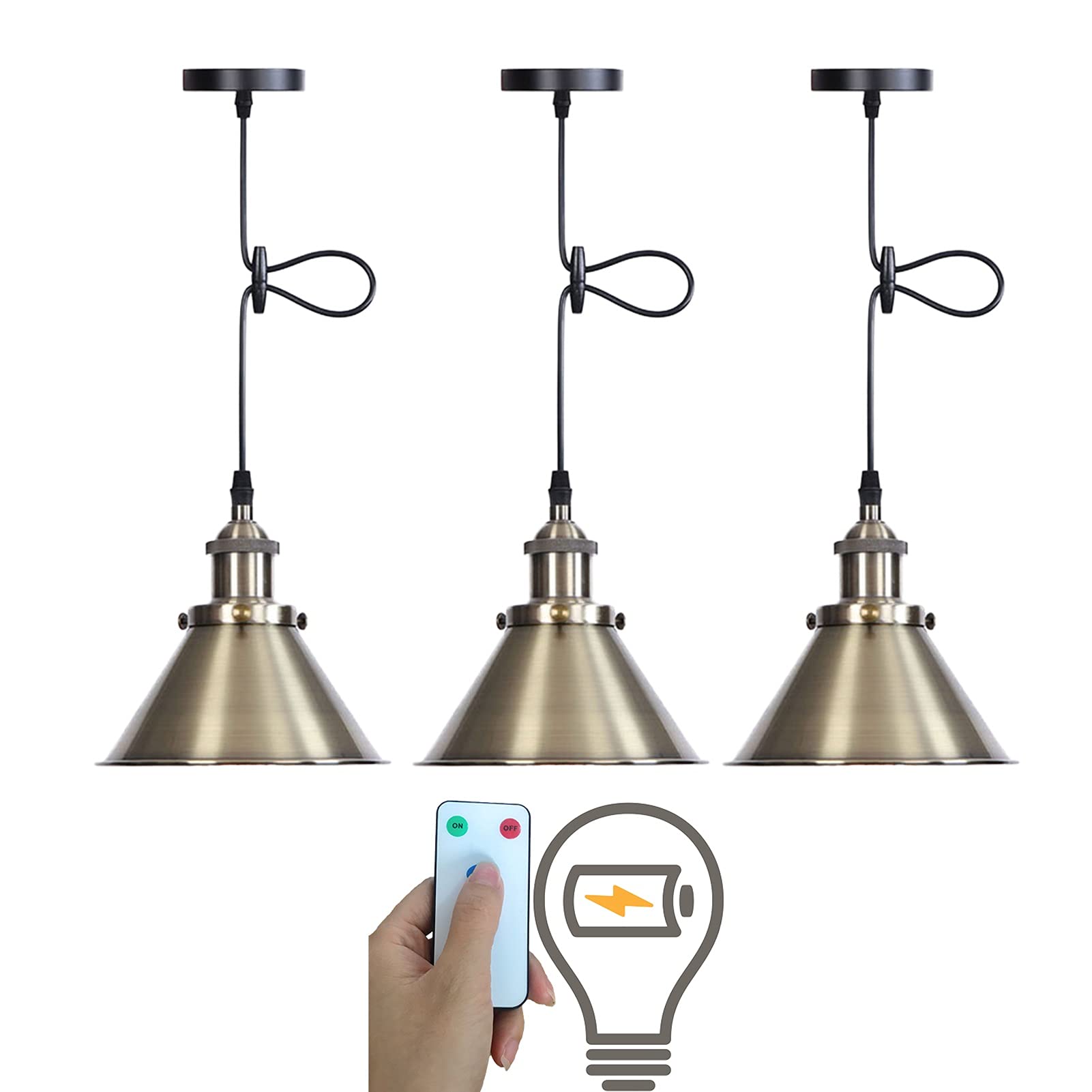 3 Pack Wireless Dimmable Hanging Pendant Lights with Remote - Adjustable Battery Operated Ceiling Lighting for Kitchen Island, Dining Room & Bedroom - Rechargeable LED Bulbs Included - Indoor Vintage Decorative Lighting