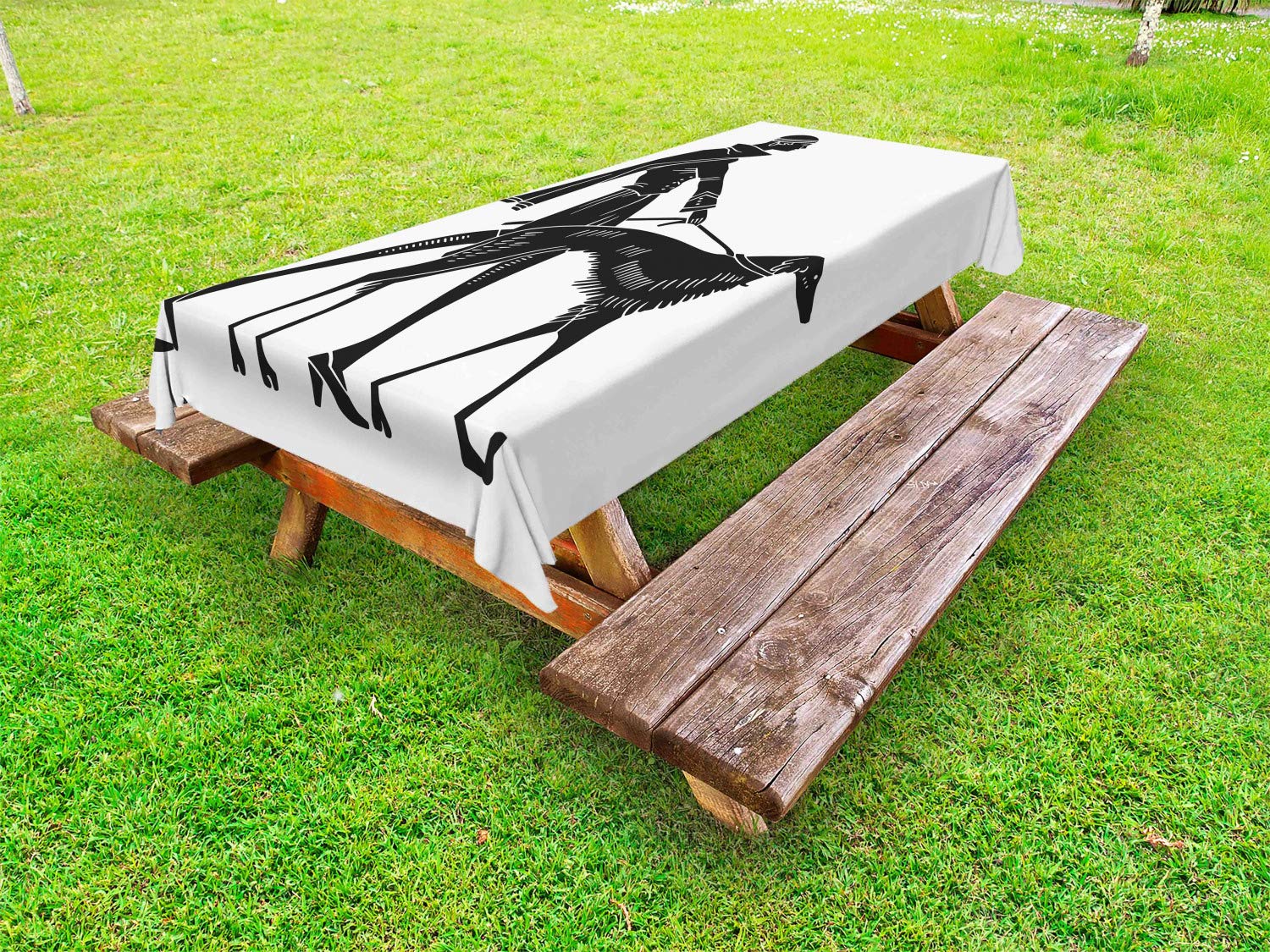 Ambesonne Art Nouveau Outdoor Tablecloth - Vintage Woman Walking Dog Illustration, Washable Picnic Table Cover 58x120 Inches, Black & White - Perfect for Garden Parties, BBQs & Outdoor Dining