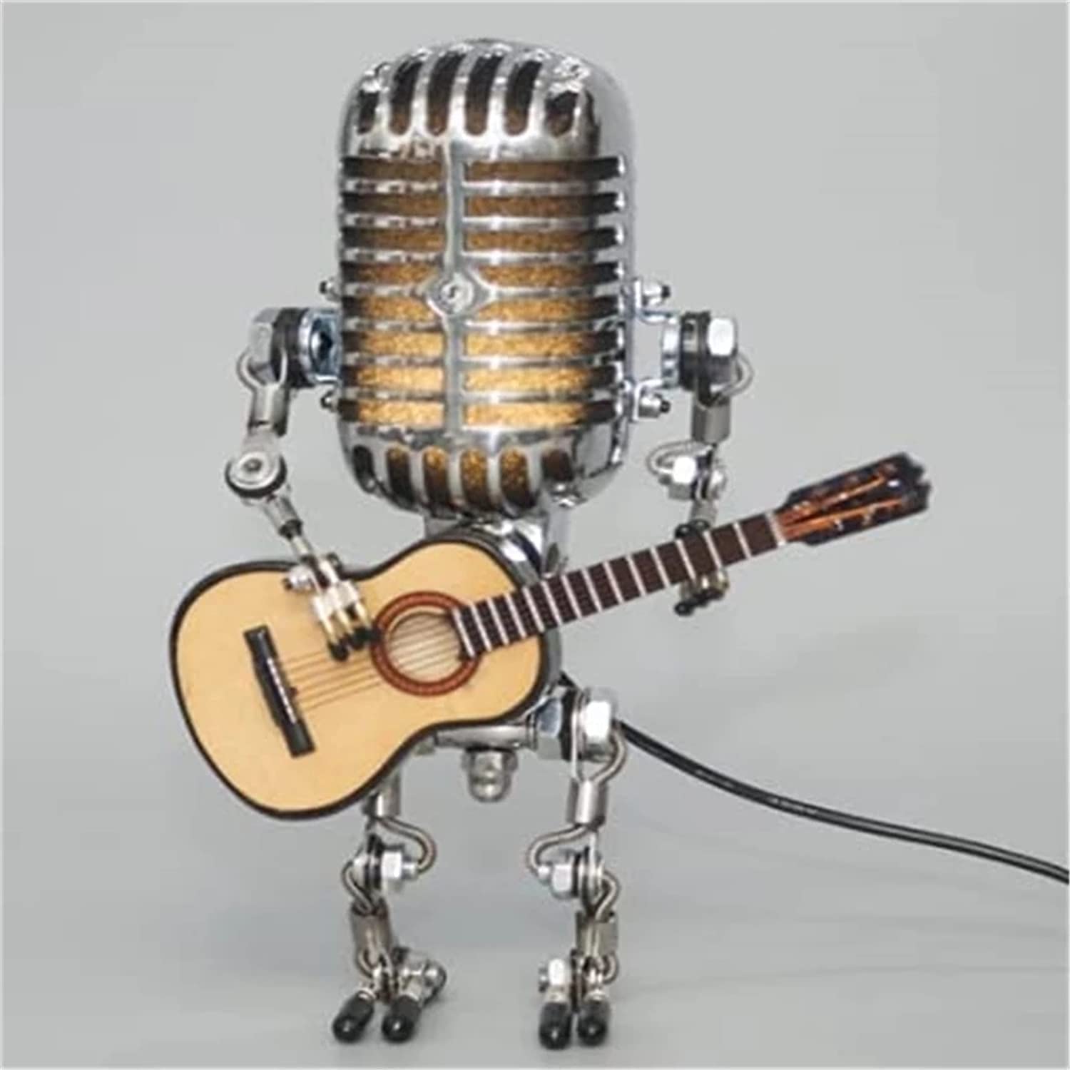 Vintage Retro Robot Lamp with LED Light - Steampunk Microphone & Guitar Holder - Creative Desk Lamp for Bedroom, Bar, Restaurant Decor - Yellow Industrial Style Lighting for Home & Office Use