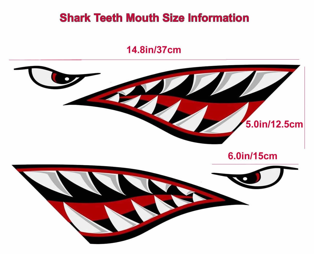 Shark Teeth Decals - 14.8 x 5.0 Inches Reflective Vinyl Stickers for Fishing Boats, Canoes, Trucks & Kayaks - Durable Waterproof Accessories for Outdoor Adventures & Marine Safety