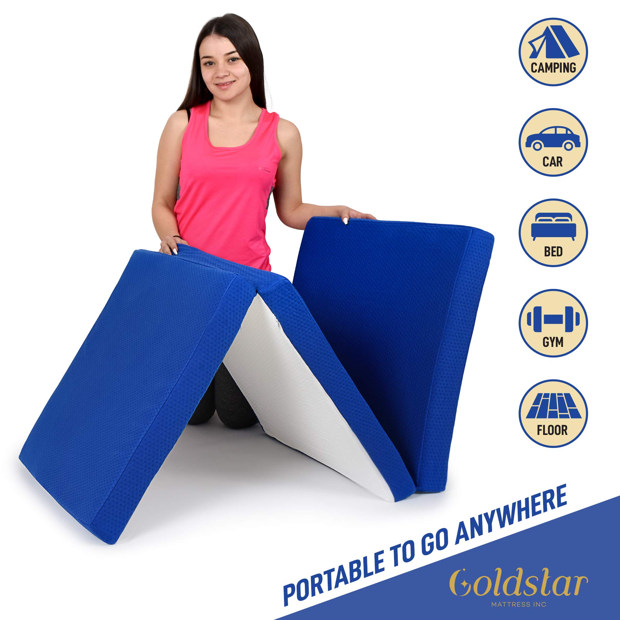 Gold Star Tri-Folding Gel Memory Foam Mattress - 3-Inch Cooling Mattress Topper for Beds, Cots & Guest Rooms - 39 x 75 Inches Portable Floor Mattress with Washable Cover | Perfect for Camping, Sleepovers & Temporary Guest Accommodations