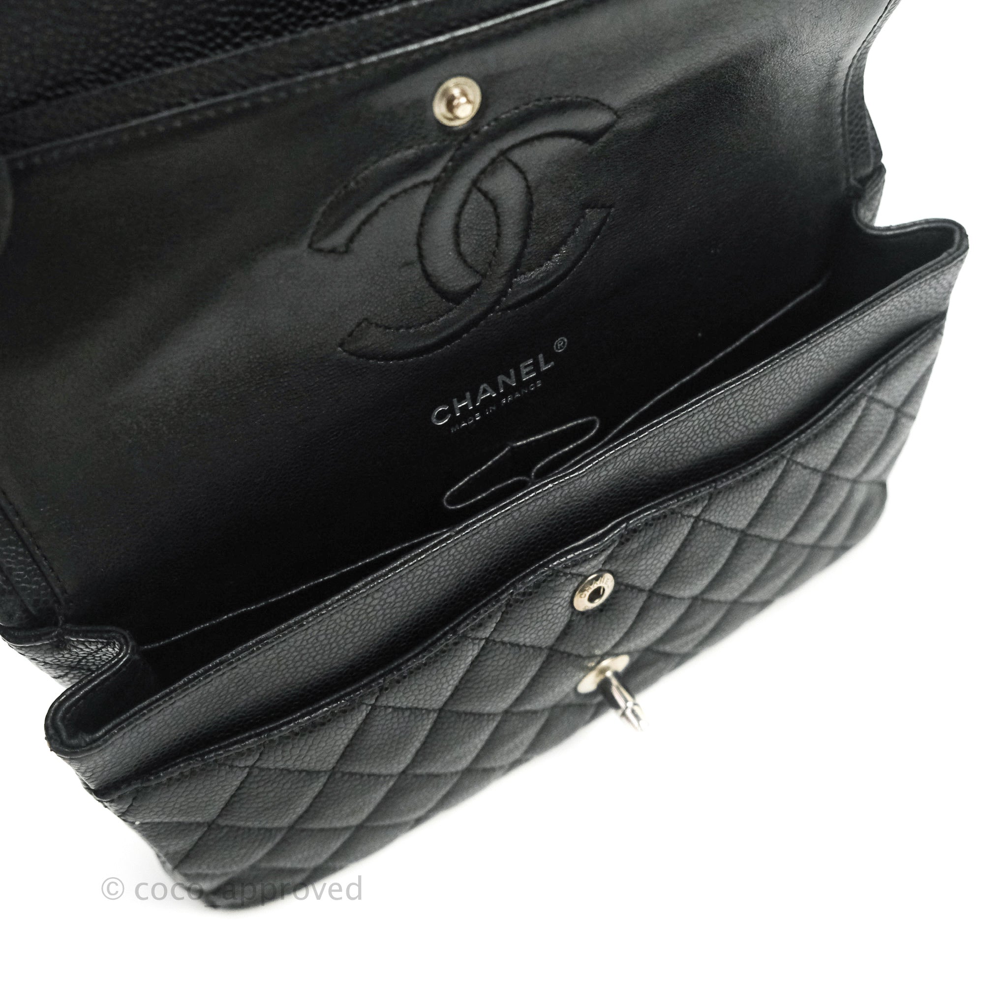 Chanel Classic Medium Double Flap Bag Black Caviar Leather with Silver Hardware - Luxury Designer Handbag for Women, Perfect for Work, Evening & Special Occasions