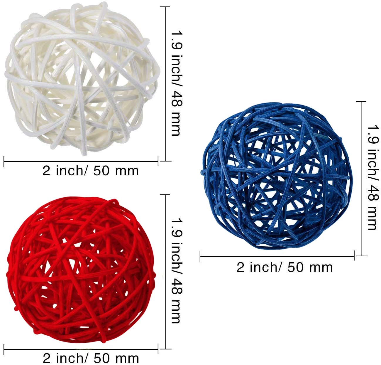 24 Pack White, Red & Blue Wicker Balls - 2 Inch Decorative Rattan Balls for 4th of July Party, Independence Day & Memorial Day Decorations | Perfect for Home, Wedding, Baby Shower & Table Centerpieces