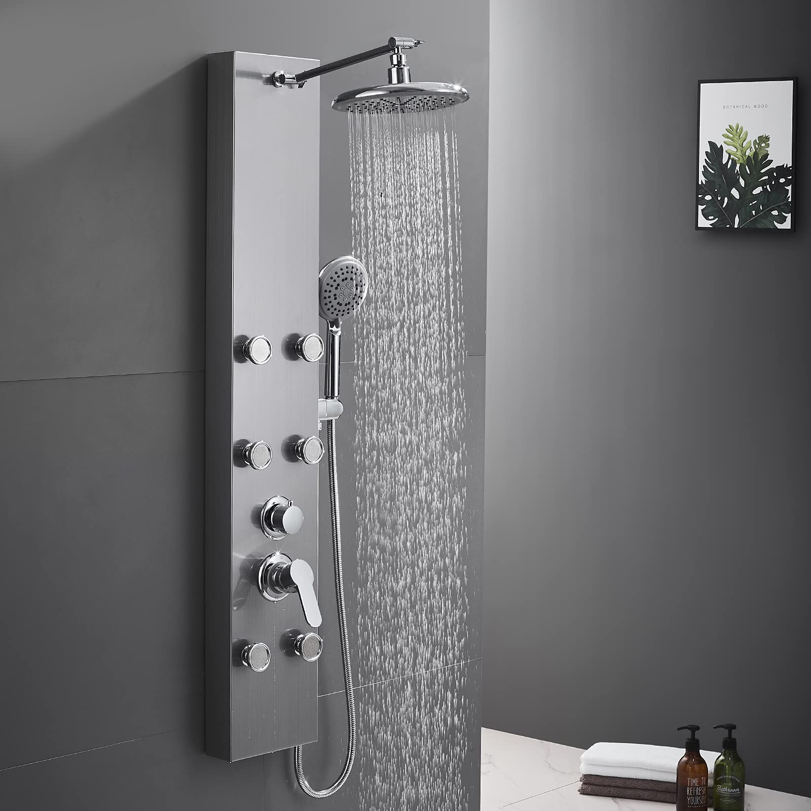ROVATE 304 Stainless Steel Shower Panel Tower System - Adjustable Rainfall Shower Head, 6 Body Massage Jets & 5-Function Handheld Shower - Brushed Finish for Bathroom Spa Experience - Perfect for Modern Home, Luxury Hotel, and Relaxing Shower Retreat