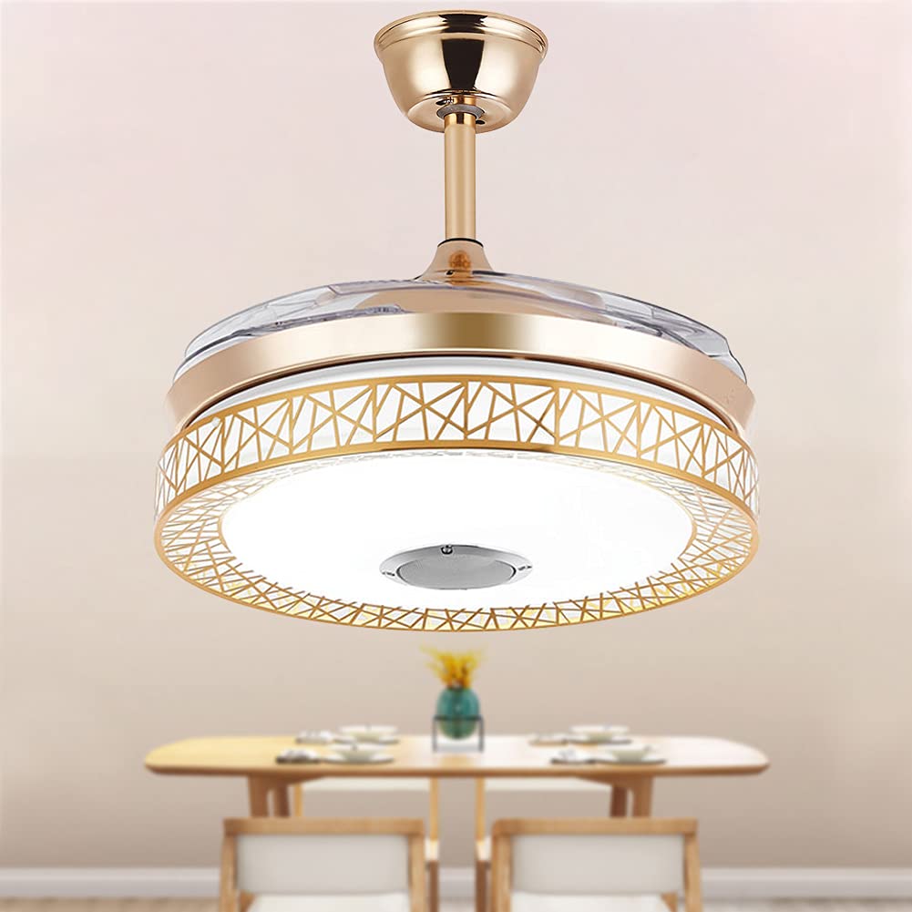 42 Inch Gold LED Ceiling Fan with Light and Remote - 3-Speed Retractable Blades, Bluetooth Music Control - Perfect for Bedroom, Living Room, Restaurant, and Hall Decor